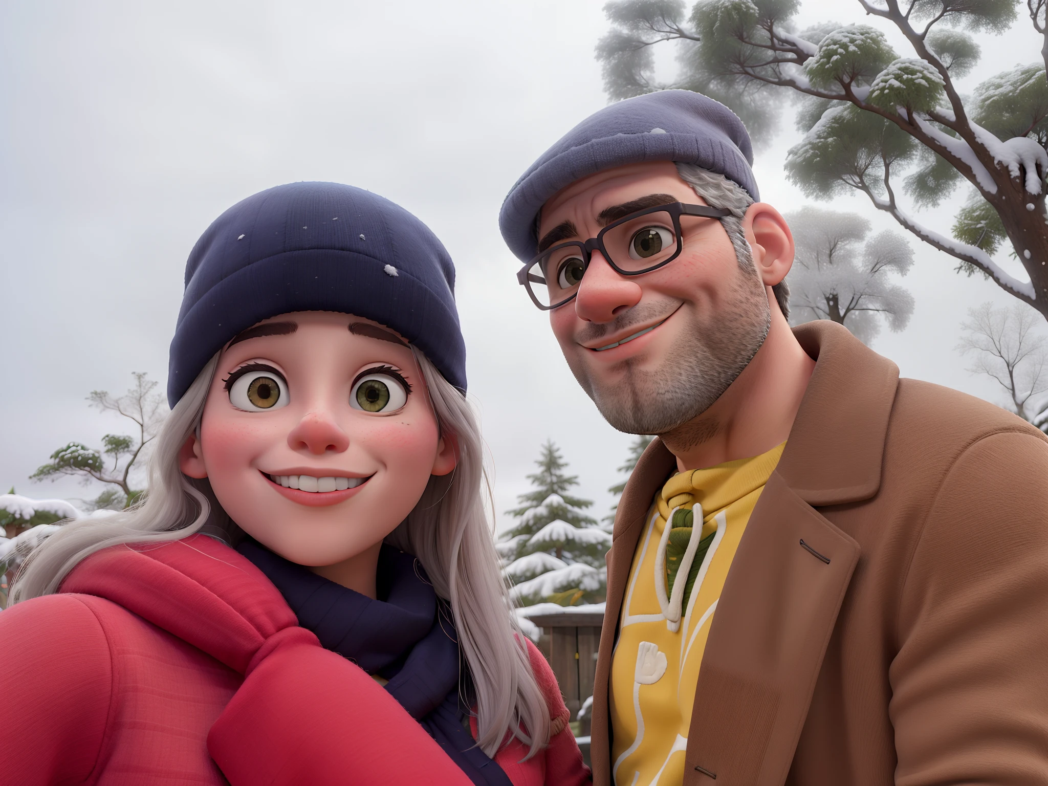 Casal no parque, clima frio com neve.