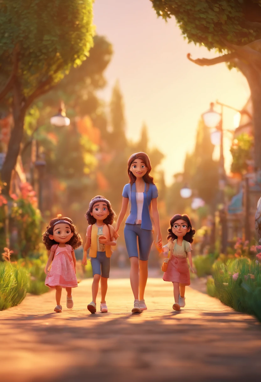 Estilo Pixar: Familia, Um pai, A mother and two girls. Uma de 6 anos e outro de 2 anos . Uma fazenda com vacas lindas e marrom .