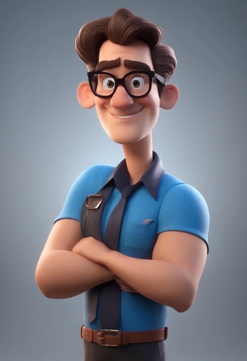 Cartoon character of a man with black glasses and a blue shirt, animation character, Caractere estilizado, animation style rendering, 3D estilizado, Arnold Maya render, 3 d render stylized, toon render keyshot, Personagem 3D, Personagem 3D, 3d rendering stylized, 3 d character render, personagem de desenho animado, Personagem de close up, Pose de personagem, (Estilo Pixar) (master part:1.2) (Bokeh) (best quality) (pele detalhada) (textura detalhada) (8k) (argila) (Cinematic lighting) (foco nítido