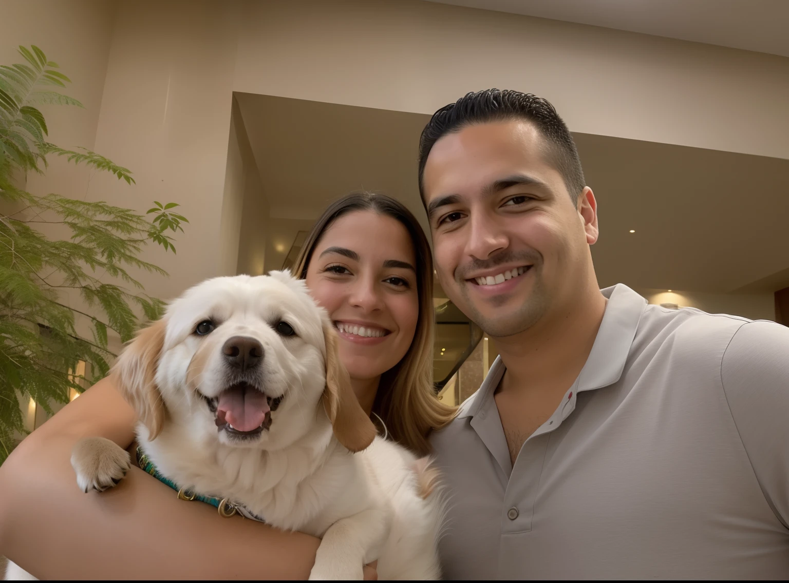 Smiling couple with dog in arms at reception in hotel lobby, Family photo, vacation photo, In Sao Paulo, Directed by: Nandor Soldier, Happy family, grandioso!, Directed by: Felipe Seade, Directed by: Samuel Silva, happily smiling at the camera, Millaise e Greg Rutkowski, family portrait, pet animal, Directed by: Luis Miranda, by Amelia Peláez, Pets