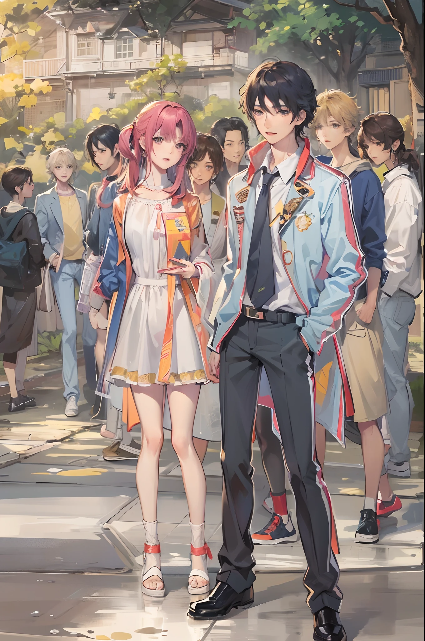 Absurdres masterpiece HDR high quality picture of a scenes from Hana yori dango anime, character is with detailed face, simple hair design , happy face, different clothes , ((random hair style:1 )) , anime eyes, light skin , 

Different outfits from anime, detailed outfit, nice background, masterpiece scenery