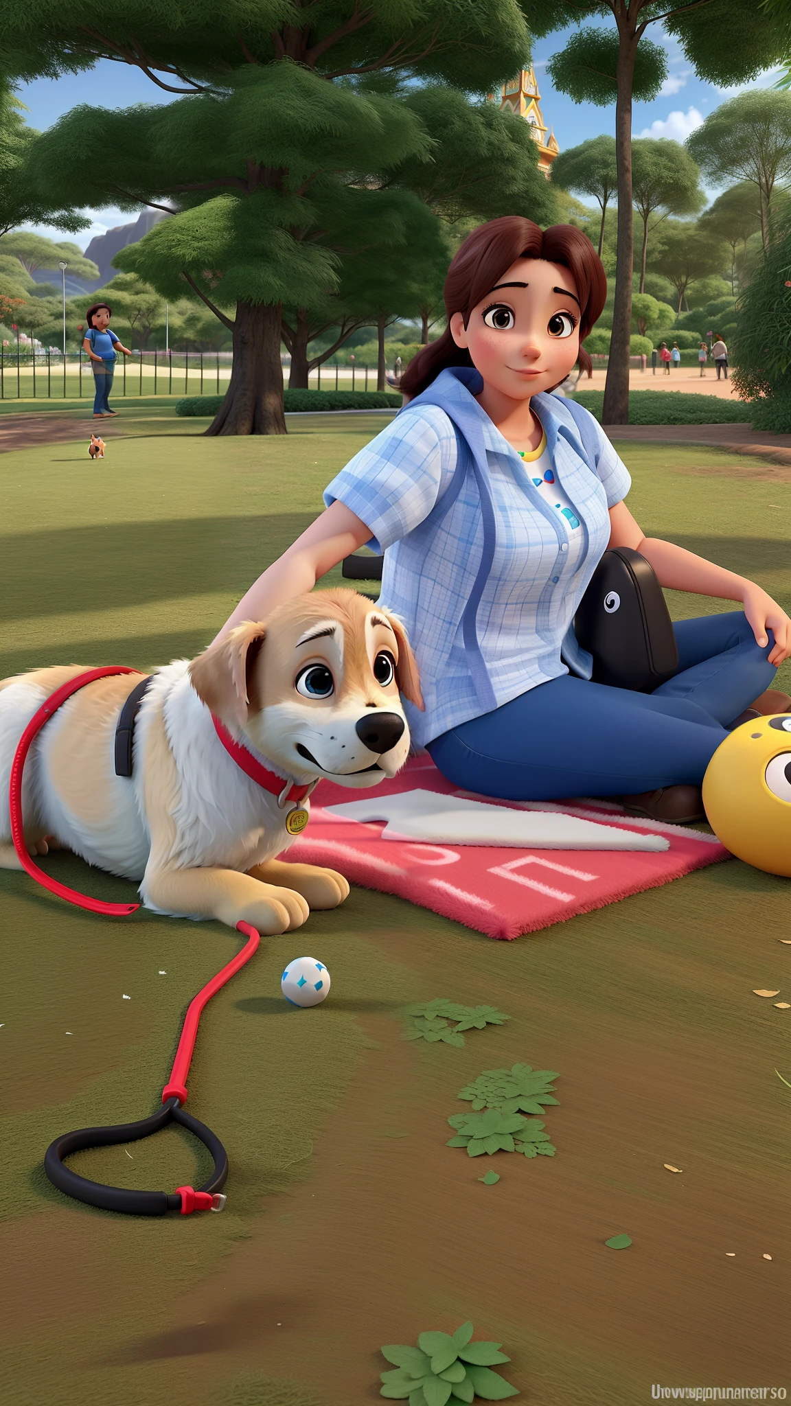 Estilo PixUmr: Uma jovem mulher sentada e um parque com chao. Gramado com cachorro labrador ,3D Poster,Disney com vibrantes