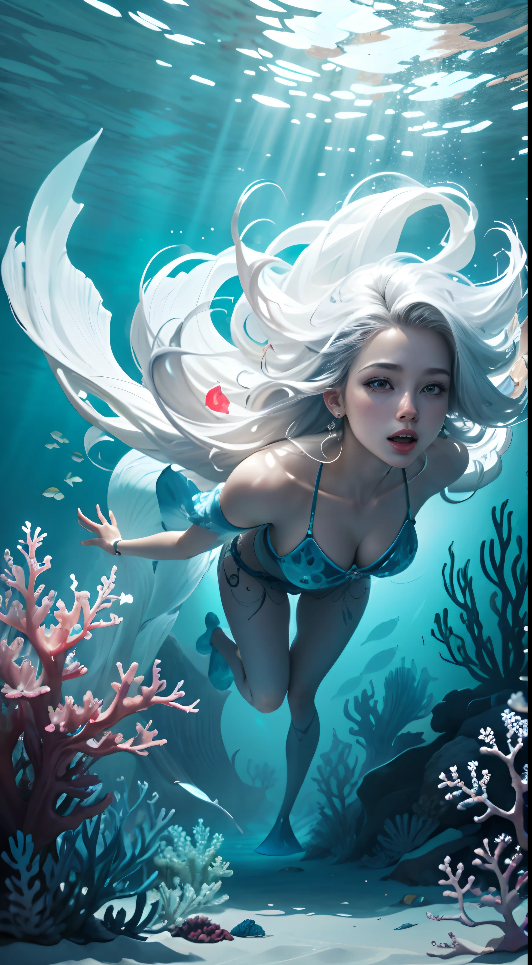 Conceptual art of marine life, Undersea landscape, Marine life，Beautiful coral reefs come in different shapes, 3D，, Fish, Female animated fantasy illustration. Long white hair scattered in the sea, Drift, Very harmonious. The whole painting adopts a messy and imaginative painting style. The colors are bright and saturated, And with smooth lines. The mystery and beauty of the ocean, The painting depicts an underwater world full of life and vitality, Animated art wallpaper 8 K, full body, closeup, Dynamic poses,