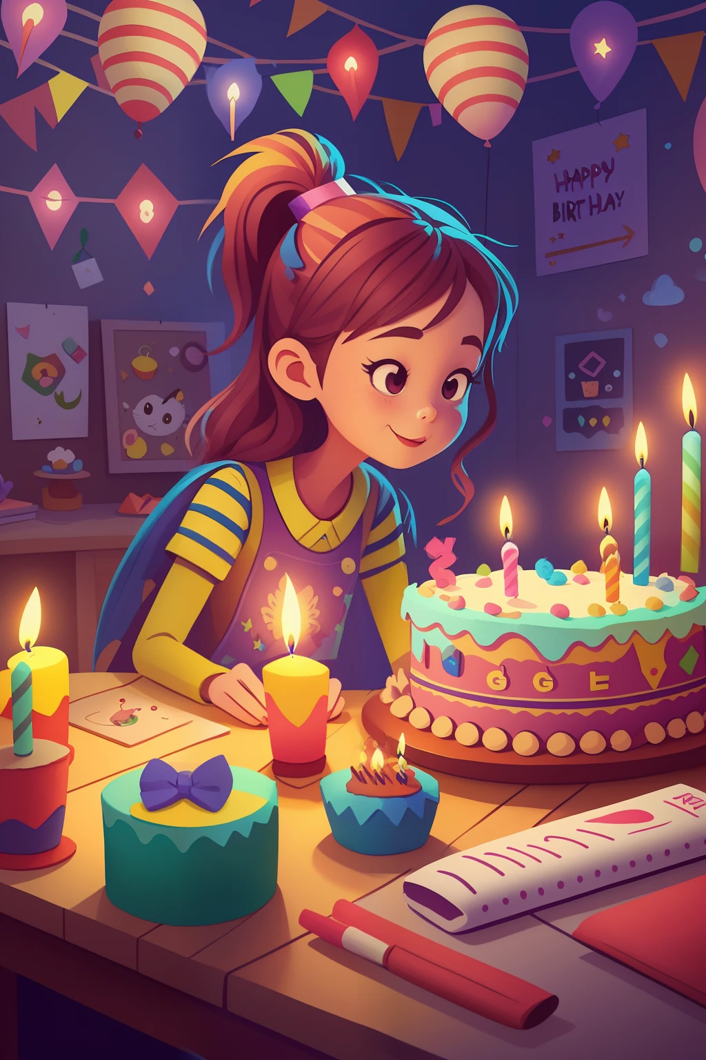 There is a young girl holding a birthday cake at her desk，There are candles on it, stunning digital illustration, lovely digital painting, 3 d epic illustrations, Beautiful digital illustration, stylized 3 d graphics, cinema 4d colorful render, Numbers washes, Cute detailed digital art, Stylized 3 D, cartoon digital painting, Stylized digital illustration, Beautiful digital artwork