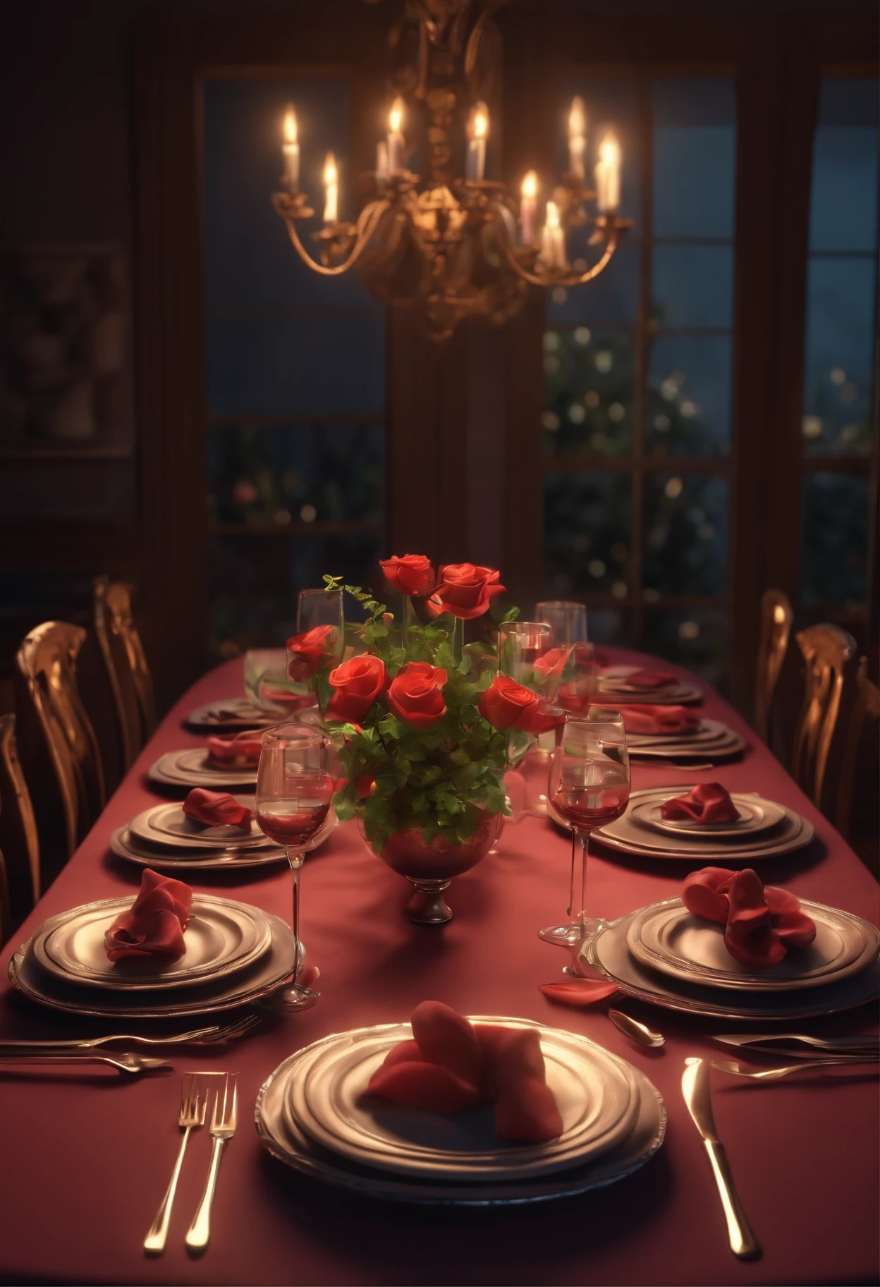 Pixar 3D style drawing of a very romantic dinner table looking closeup at the table level with no candles