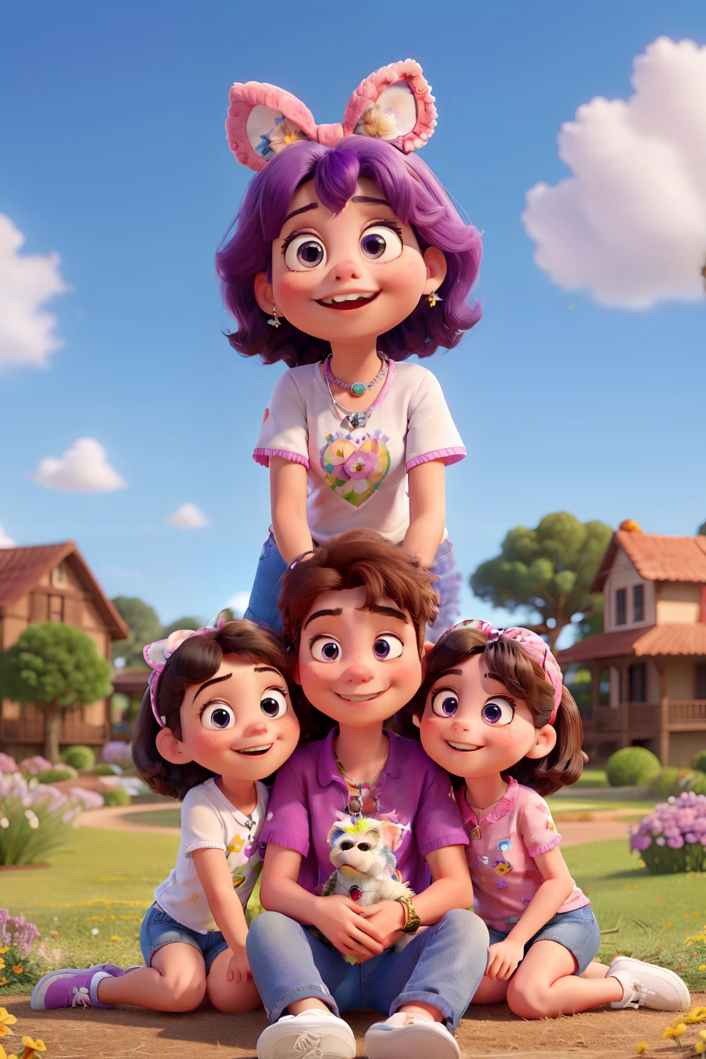 Create Disney Pixar style poster with my smiling family sitting on the floor of a grassy park full of flowers with
Blue Sky Characters Are : homem moreno claro , olhos castanhos escuros , camiseta cinza, bermuda jeans , tenis preto , uma mulher branca , cabelos loiros curtos nos ombros, camisa estampa florzinhas rosas, Denim shorts and white sneakers hugging your pet Maltese Crystal female with pink bows in the ears and purple collar with heart pendant .