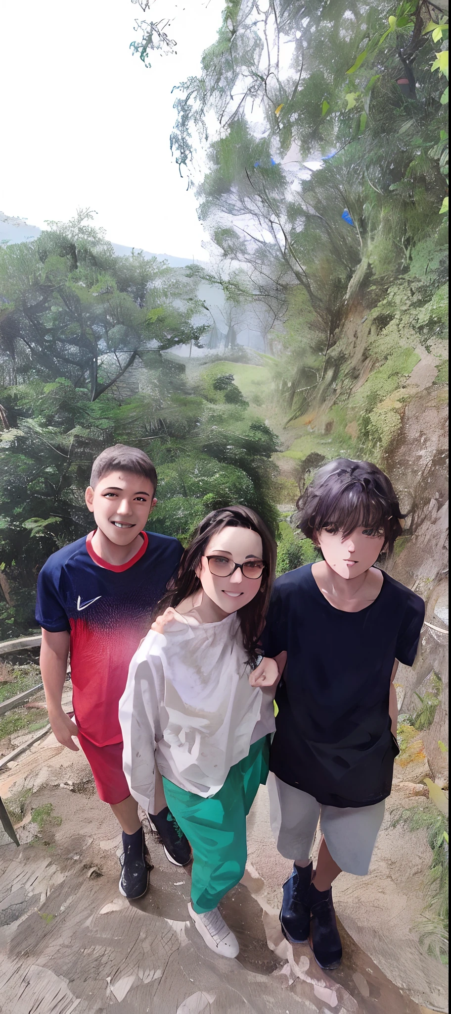 Three people standing on a stone path in the forest, As Piscinas, belos arredores, Directed by: Nandor Soldier, na selva, Malika Favre, cachoeiras ao fundo, Selvas ao fundo, facebook post, Belas vistas, nas montanhas, em uma floresta tropical, Coban, em uma selva, cachoeira ao fundo