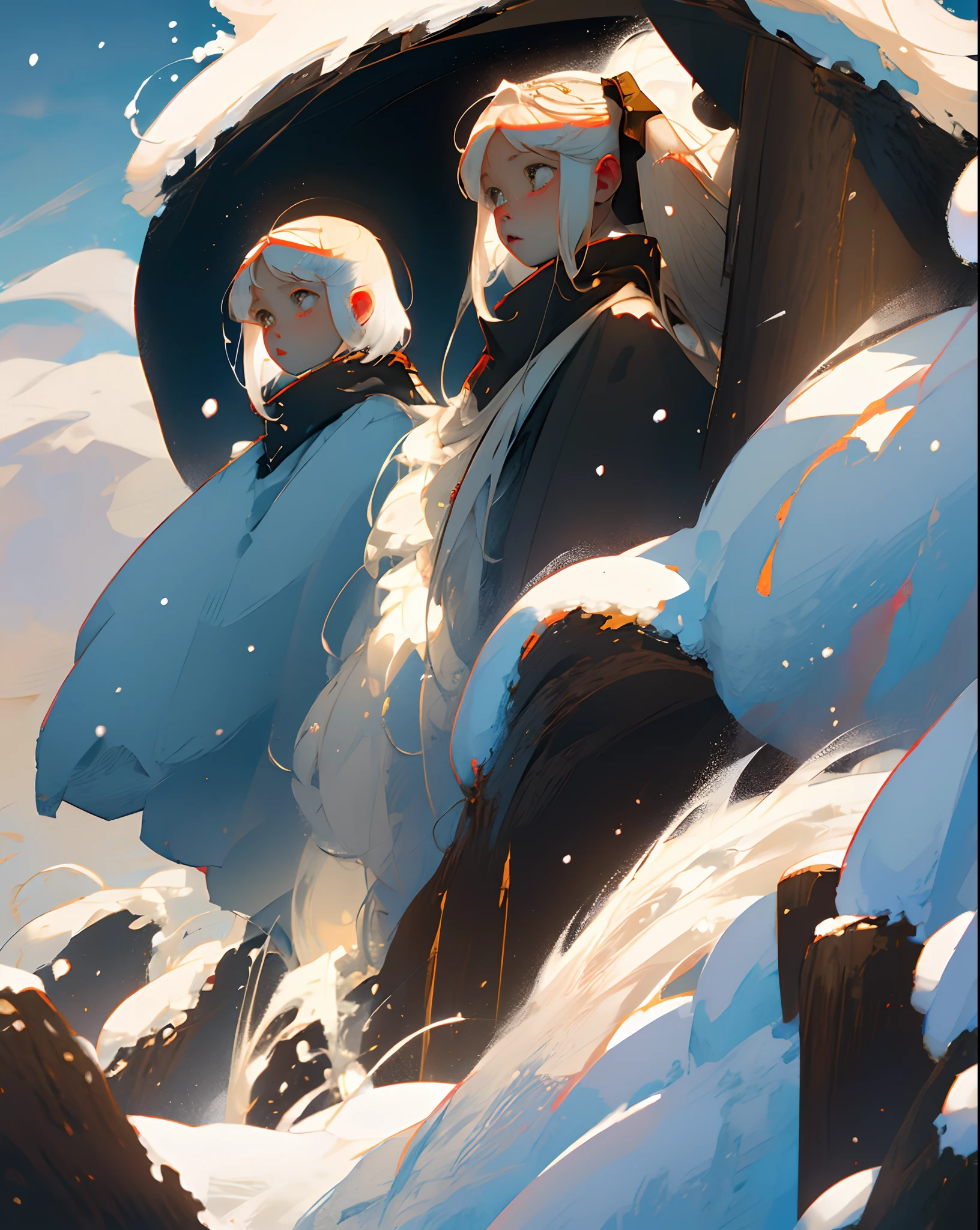 White Hair and Brown Hair 2 Sisters Snow Anime
