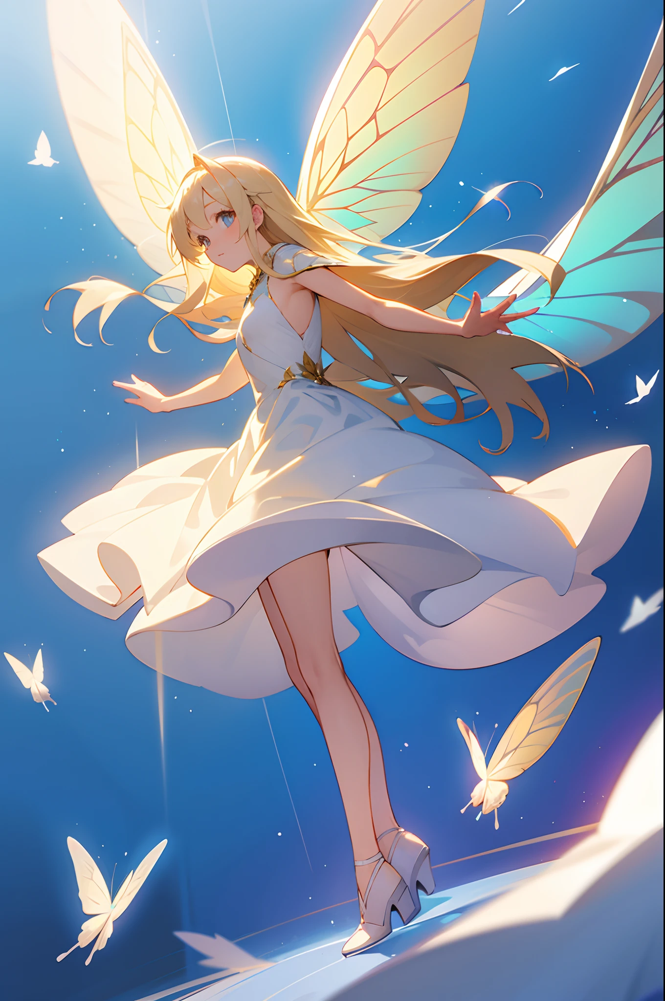light fairy, blue sky background, full body, white butterfly wings, shining light, long blond hair, golden eyes, white dress, flying, looking at the viewer, arms on sides