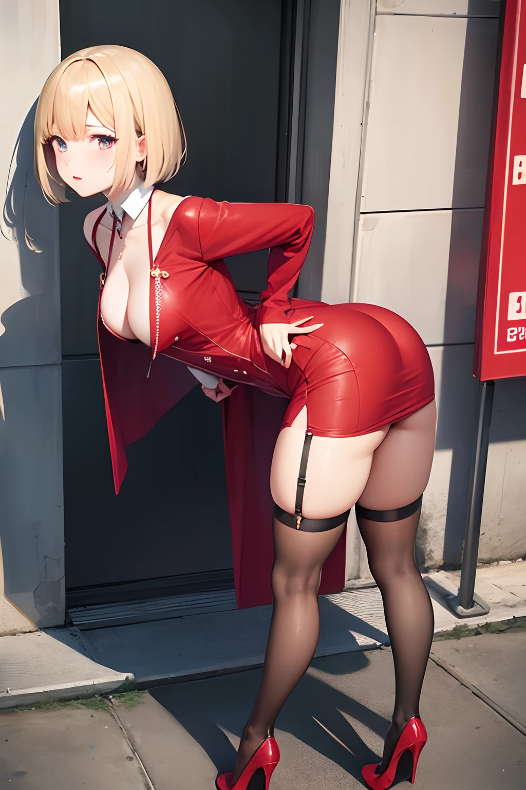 public nudity, blonde bob cut, ((red stockings)), garter belt, stiletto heels, BREAK, long dress, (skirt pull-up), BREAK, cleavage, (detailed face), detailed eyes, BREAK,