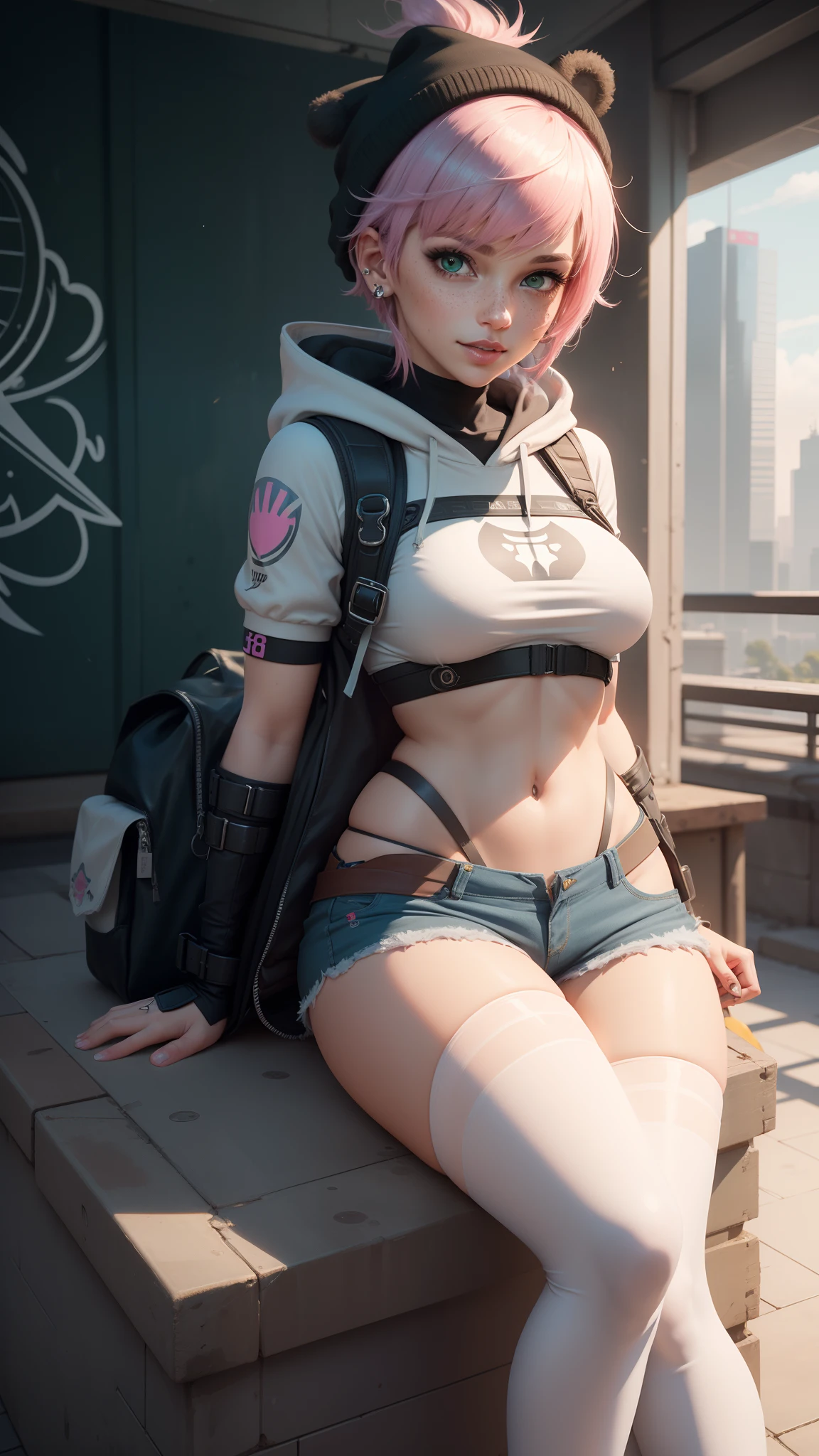 gwen tennyson,tracer,yorha 2b,y'shtola rhul,overwatch,nier automata,mecha pilot,shopping center,tattoos,orange and pink plugsuit,white see-through short sleeve top,denim micro shorts, uncovered belly,short hair,cute makeup,green eyes,multicolored silver hair,sexy smile,freckles,beautiful girl,large breasts,8k,ultra detailed, realistic,fantasy art,skater uniform,ear piercings,cyberpunk suit,saiyan girl,saiyan female,pink short sleeve sport hoodie,bear ear beanie,graffiti wall art,sitting,small backpack,goth necklace,thigh high socks,eating a candy,