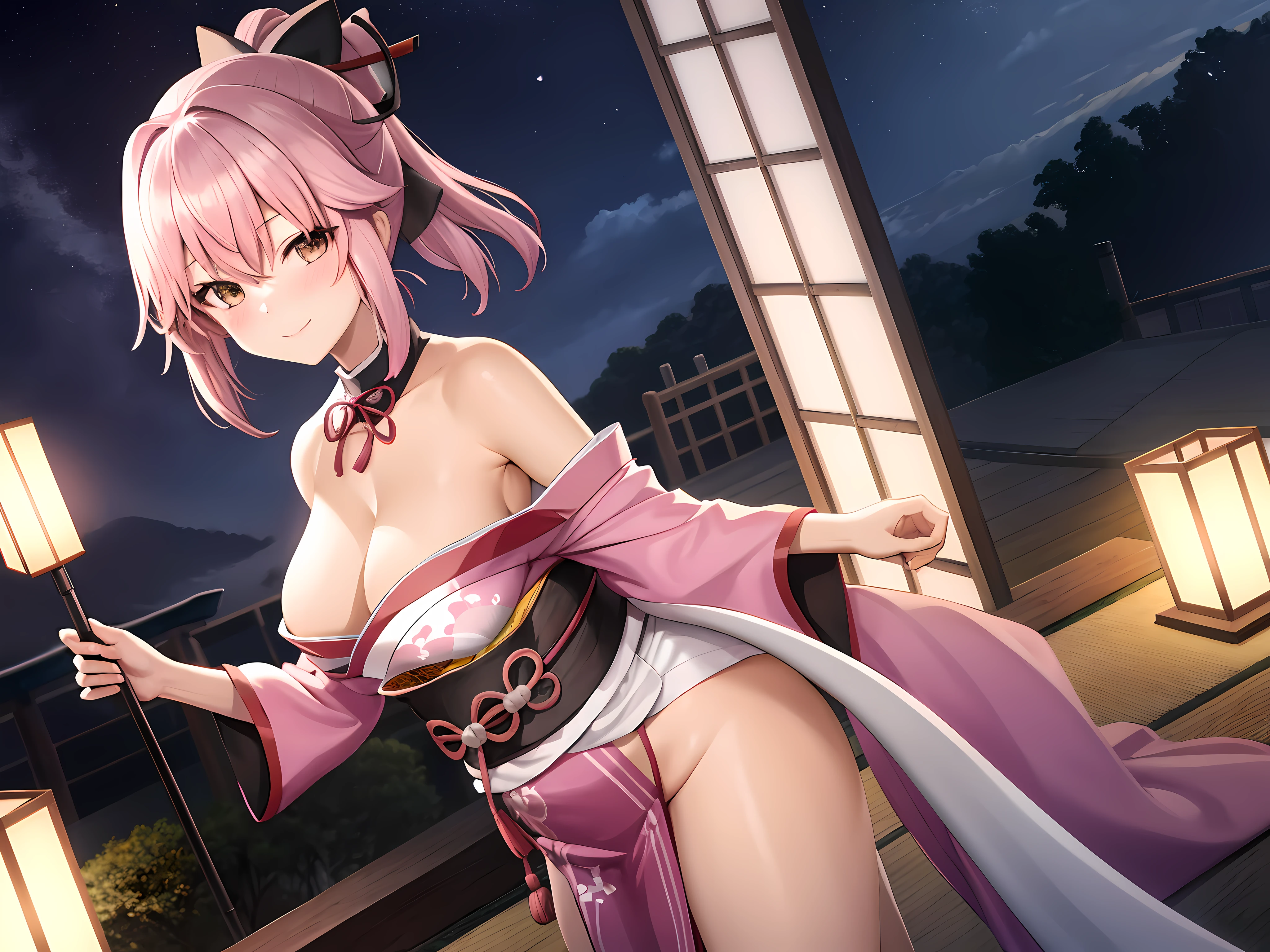 masterpiece, best quality,extremely detailed CG unity 8k wallpaper, (landscape orientation)
BREAK
1girl,okita souji \(fate\), holding a samurai sword, standing, light pink haori,blush,smile, cleavage, (hourglass figure), (perfect slender body), full body, side angle view
BREAK
(Moonlit Japanese dojo) , overlooking green landscape, cloudy night sky