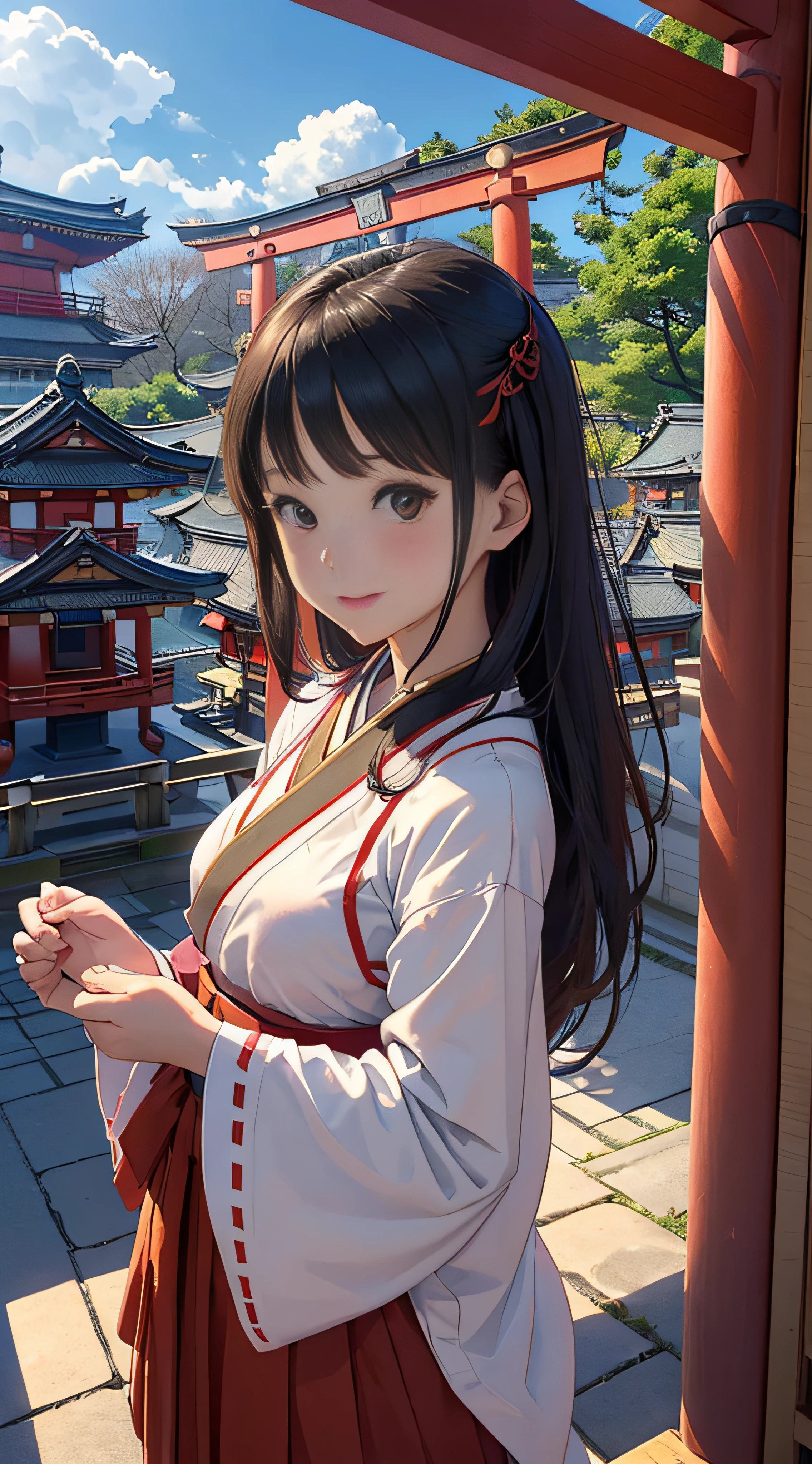 Best Quality、masutepiece、((japanes、Beautuful Women、shrine maiden、25-years old、Beautuful Women:1.5、cute little:2、spotless)、D-cups)、(cloudiness、mare、torii gate)、(ssmile、slightly red cheeks)、shrines