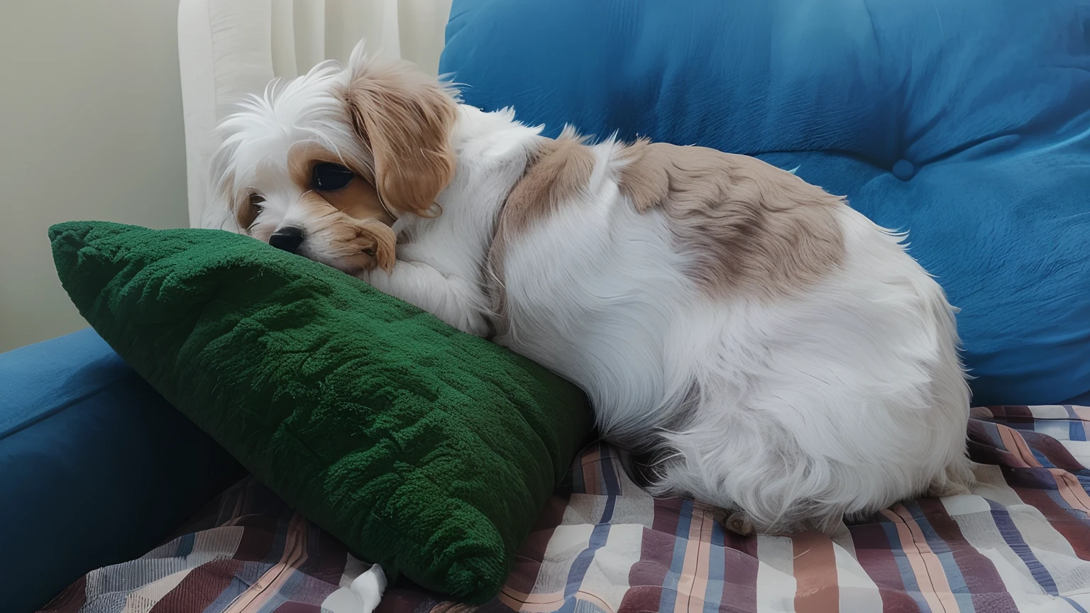 there is a small dog that is laying on a couch, resting on a pillow, resting on a tough day, dog sleeping, laying back on a pillow, resting after a hard fight, nearly napping, fluffy green belly, cuddly, lying on a fuzzy blanket, relaxing after a hard day, lazy, sleepy, he is very relaxed, resting, resting on his throne