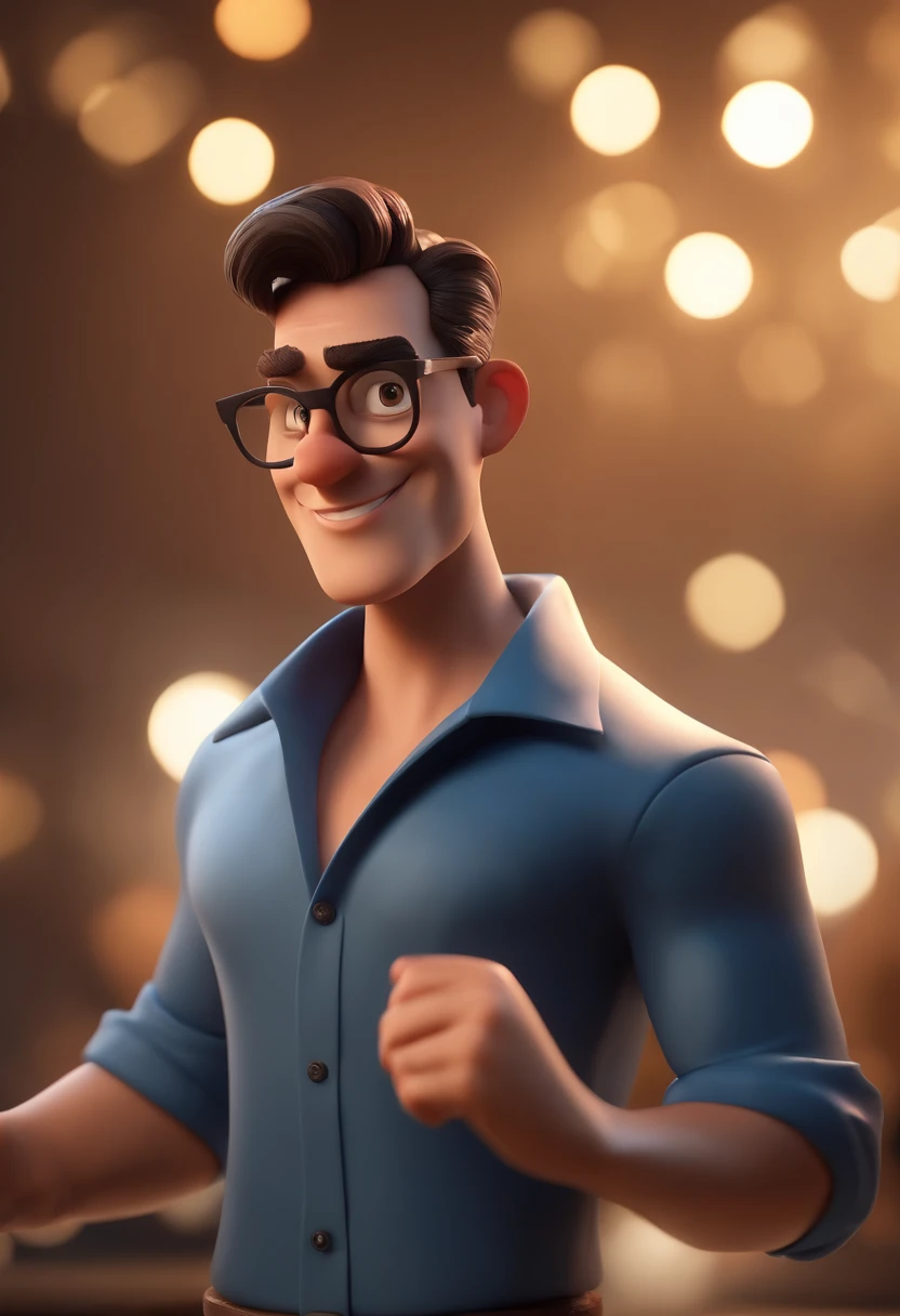 Cartoon character of a man wearing black glasses and a blue shirt, um personagem animado, Caractere estilizado, animation style rendering, 3D estilizado, Arnold Maya render, 3 d render stylized, toon render keyshot, Personagem 3D, Personagem 3D, 3d rendering stylized, 3 d character render, personagem de desenho animado, Personagem de close up, Pose de personagem, (Estilo Pixar) (master part:1.2) (Bokeh) (best quality) (pele detalhada) (textura detalhada) (8k) (argila) (Cinematic lighting) (foco nítido,Senta e vaza a parte superior do corpo