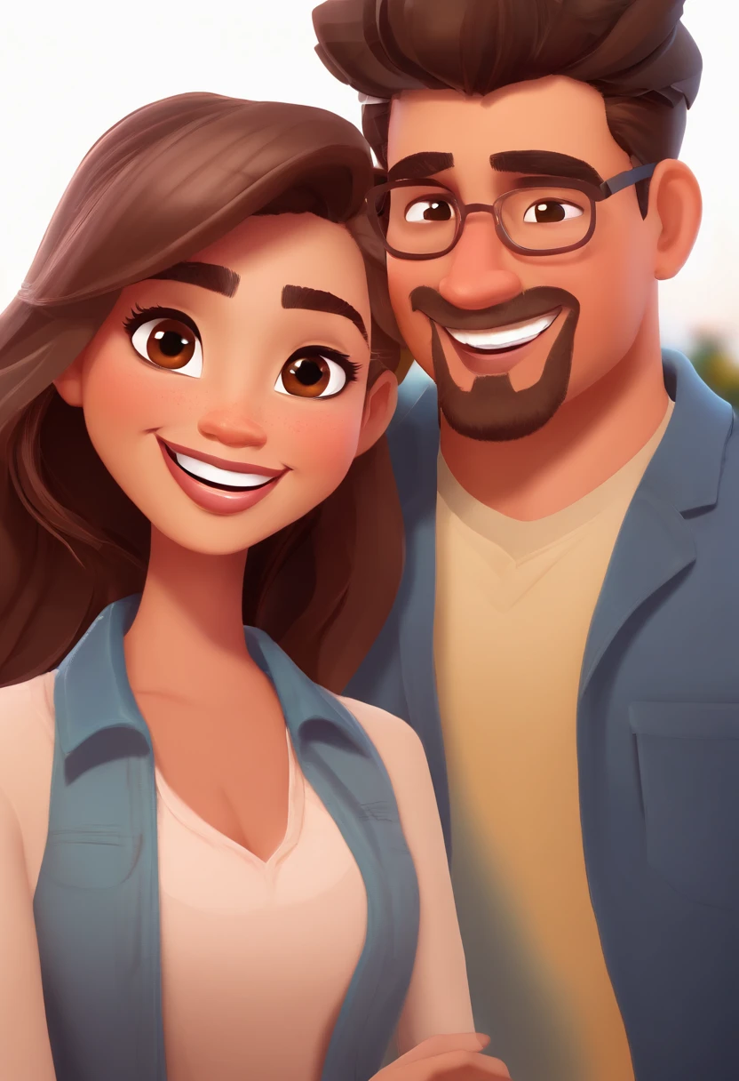 An illustration of an adorable couple, Highlight for a chubby mulatto man with glasses smiling and a brunette woman with beautiful expressive eyes - the man's skin is mulatto and the man's hair haswhile the woman's skin is black and the woman's hair is straight and brown. They are a bright room, cada um com um sorriso no rosto, e compartilhar um momento especial caracterizado pelo amor, Insights. Illustrate this scene from a perspective where they are facing the camera, Smiling and Showing Your Connection. Desenvolva esta arte em Full HD, Focus on your cinematic touch, Estilo Disney Pixar Animations