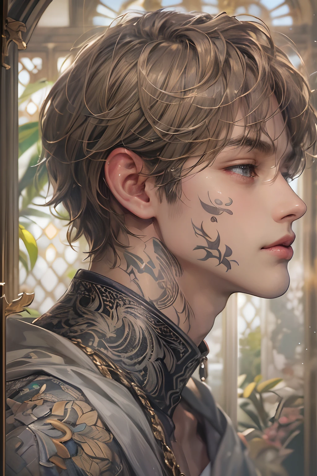 (absurdres, highres, ultra detailed, HDR), masterpiece, best quality, 1 boy, boy character ,short hair, handsome face, grey eyes,detailed interior, detailed character, brown hair, face tattoo, detailed background