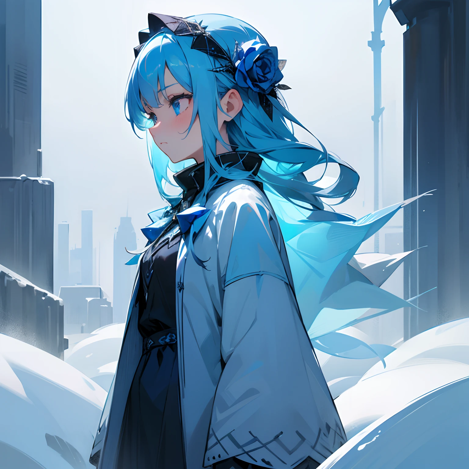 blue rose girl, fully covered, rose on hair, hair accessories, informal clothing, daily outfit, blue hair, hd, ultra quality, serious face, looking away, detailed eyes, frozen environment, cold, winter