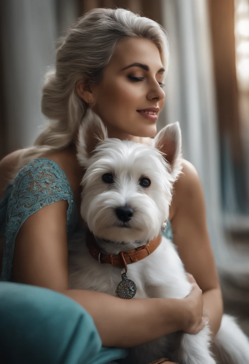 Imagem de uma mulher loira, olhos levememnte puxados, segurando no colo uma cachorrinha westie