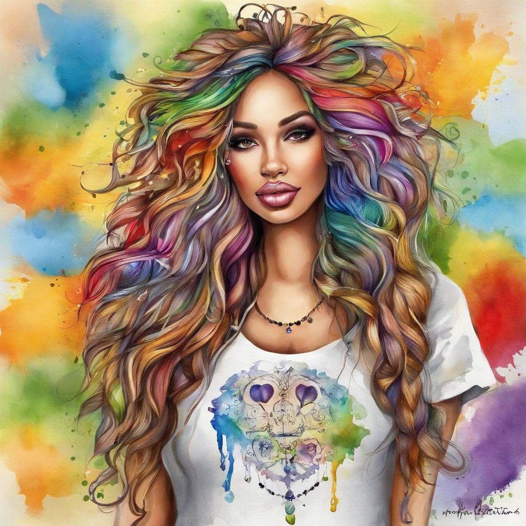 Coelhos descolados e da moda, Hair colored with rainbow, olhos amarelos, Use roupas hip-hop da moda, usando um capuz, Graphic T-shirt and ripped jeans, Muitas tatuagens e piercings, Fundo estilo Doodle, Antecedentes altamente detalhados, Obra-prima perfeita, alta qualidade, high resolution