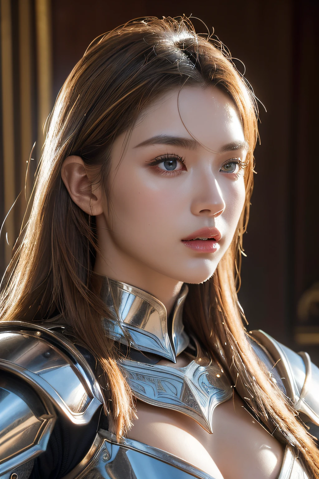 (top-quality,8K,masterpiece,A hyper-realistic,Cinematic Photo),Female Knight in Armor,(A detailed eye,beautidful eyes,Detailed skin,Detailed lips,lipgloss),skin tanned,Colossal tits,Constriction,(Detailed Armor,Precision armor,Luxurious armor),Inside the palace,Tying hair、