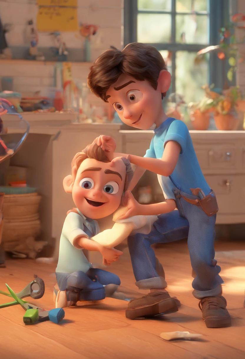 Estilo Pixar: The grown man is holding a naked blue-eyed boy and in his other hand he is holding a pair of scissors and is trying to cut off the boy's testicles,3D Poster,Disney