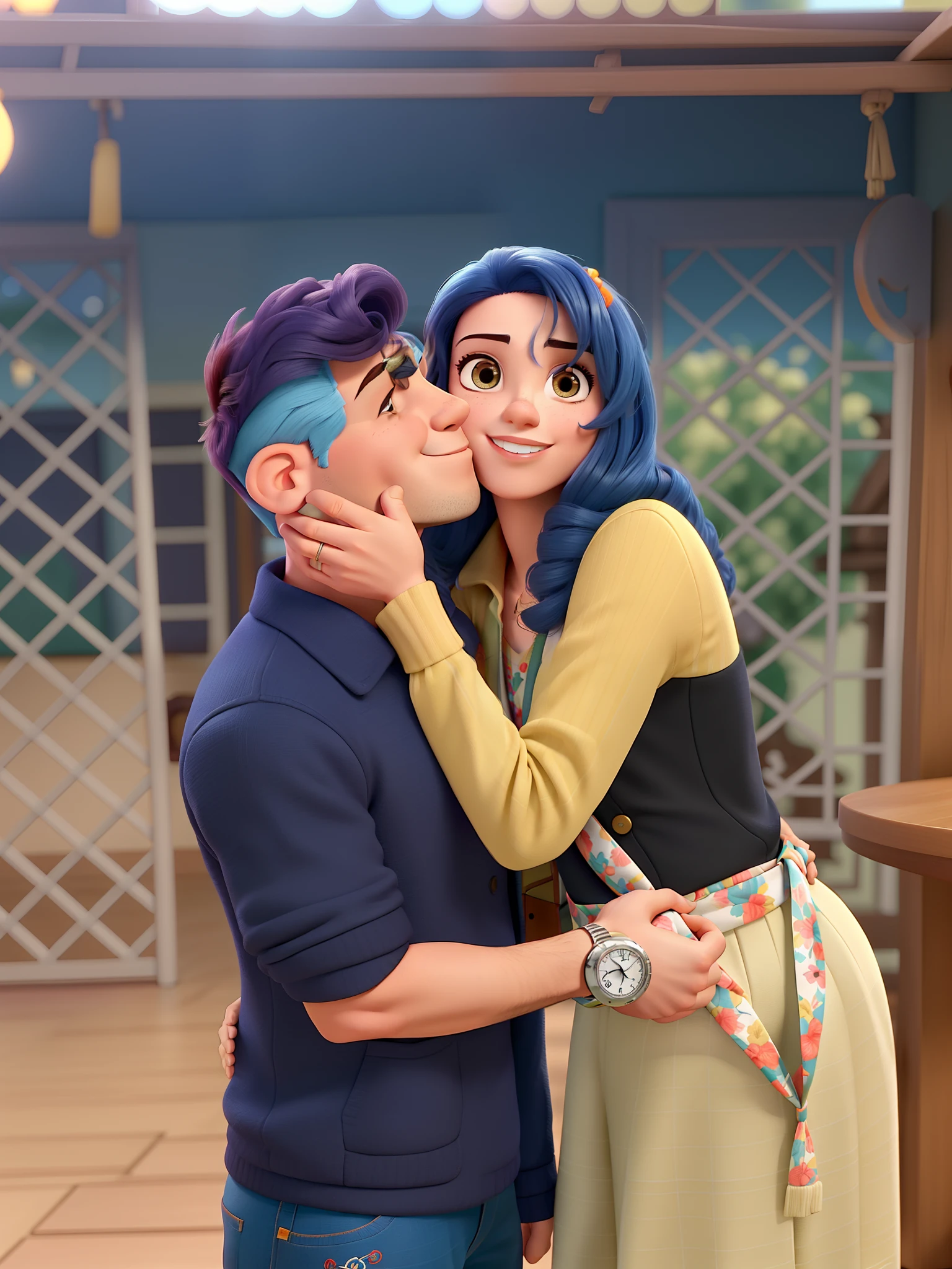 Casal (homem moreno e mulher branca) no estilo Disney Pixar, alta qualidade, melhor qualidade.