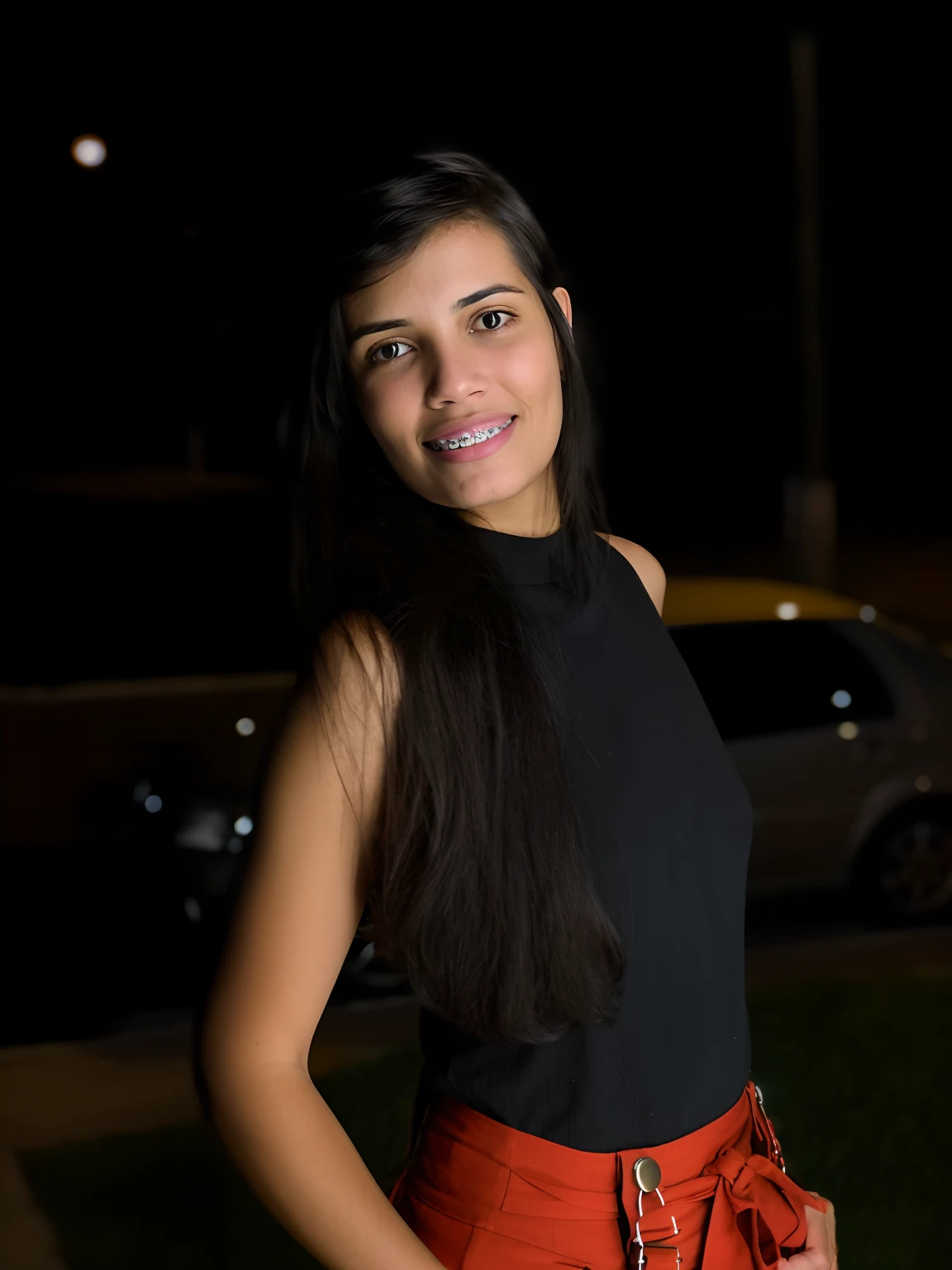 There's a woman standing in a parking lot at night, Malika Favre, at night time, at night, imagem retrato, imagem de perfil, Retrato no meio da foto, foto do perfil, taken in the night, in the nighttime, foto da noite, photo taken at night, shot at night with studio lights, nigth, Directed by: Felipe Seade