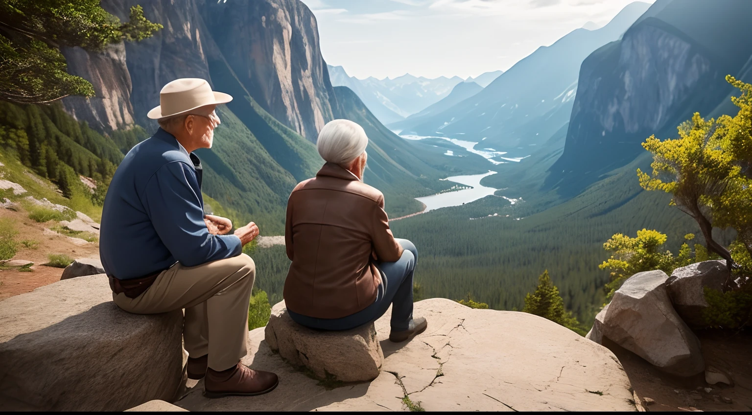 An old man sitting on a rock, talking to a young woman.
meets a wise and experienced man who encourages her to follow her dream.
