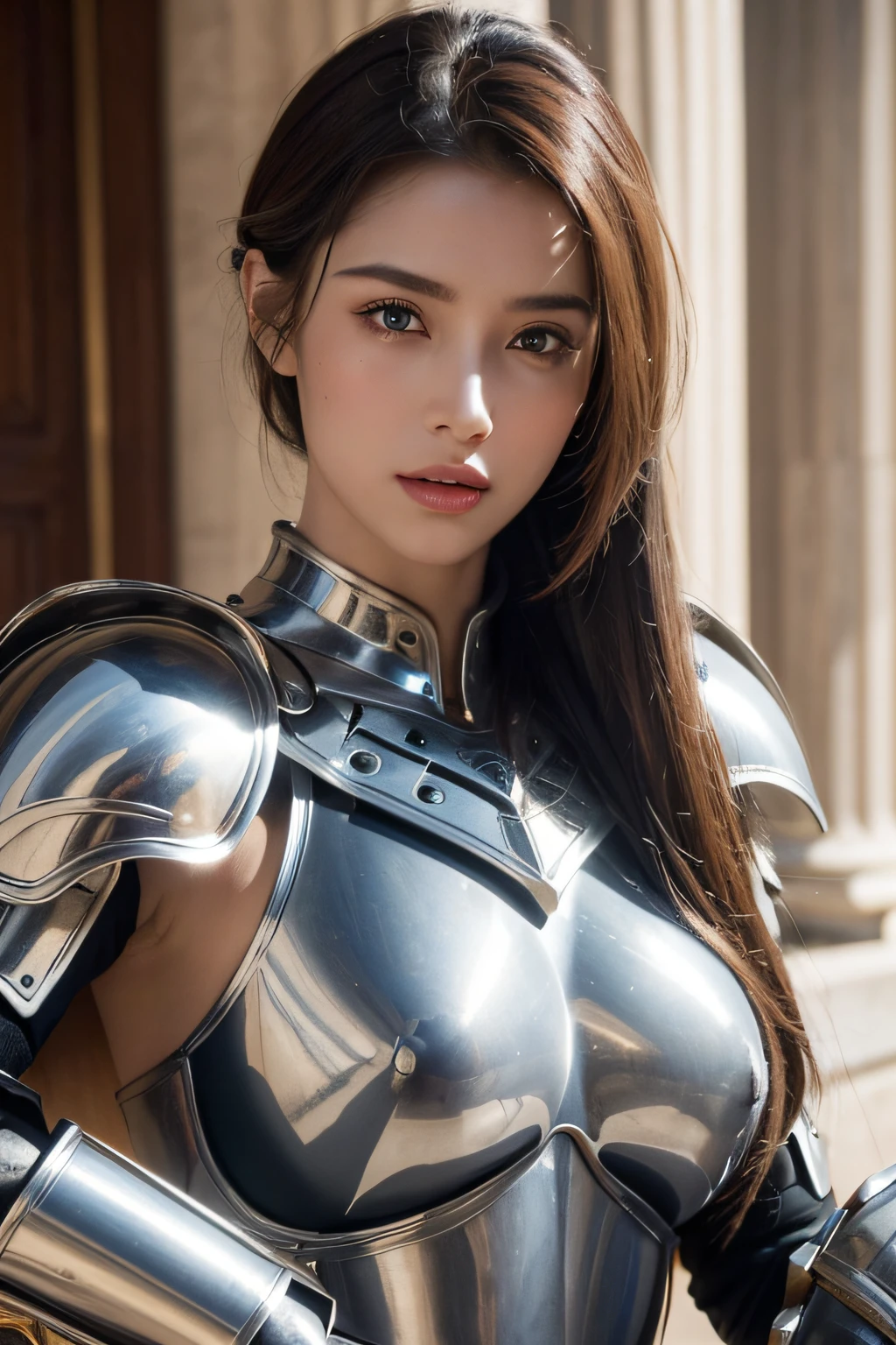 (top-quality,8K,​masterpiece,A hyper-realistic,Cinematic Photo),Female Knight in Armor,(A detailed eye,beautidful eyes,Detailed skin,Detailed lips,lipgloss),skin tanned,Colossal tits,Constriction,(Detailed Armor,Precision armor,Luxurious armor),Inside the palace,up hairstyle,