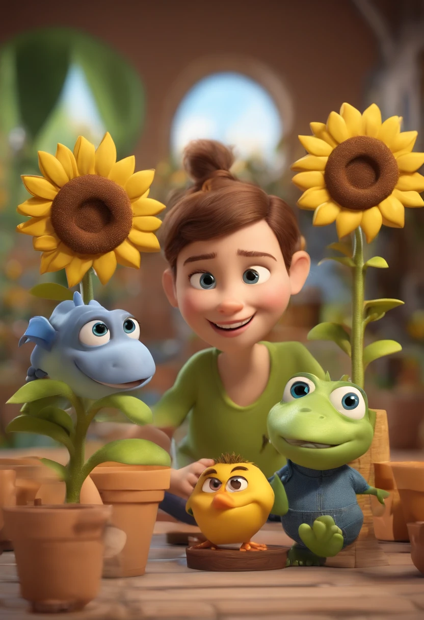 Create a Disney PIXAR-style 3D poster. ((centro da imagem)), ((2Children)) ((1 e 1 meninanino tem pstanha e cabelos castanhos escuros e olhos castanhos escuros, a menina tem pele moolhos escuros e cabelos escuros e lisos)) ((tudo isso no estilo Disney PIXAR 3D, In the background, A house of sunflowers, Gloria Studio, The garden is full of nature 3D render RTX clay material, estilo de design cartunesco, POP Mart, soft lighting, linhas suaves, Spring tilt, Detailed illustrations of PIXAR 3D, Detalhes hiper-realistas, cor quente no estilo Disney PIXAR 3D))