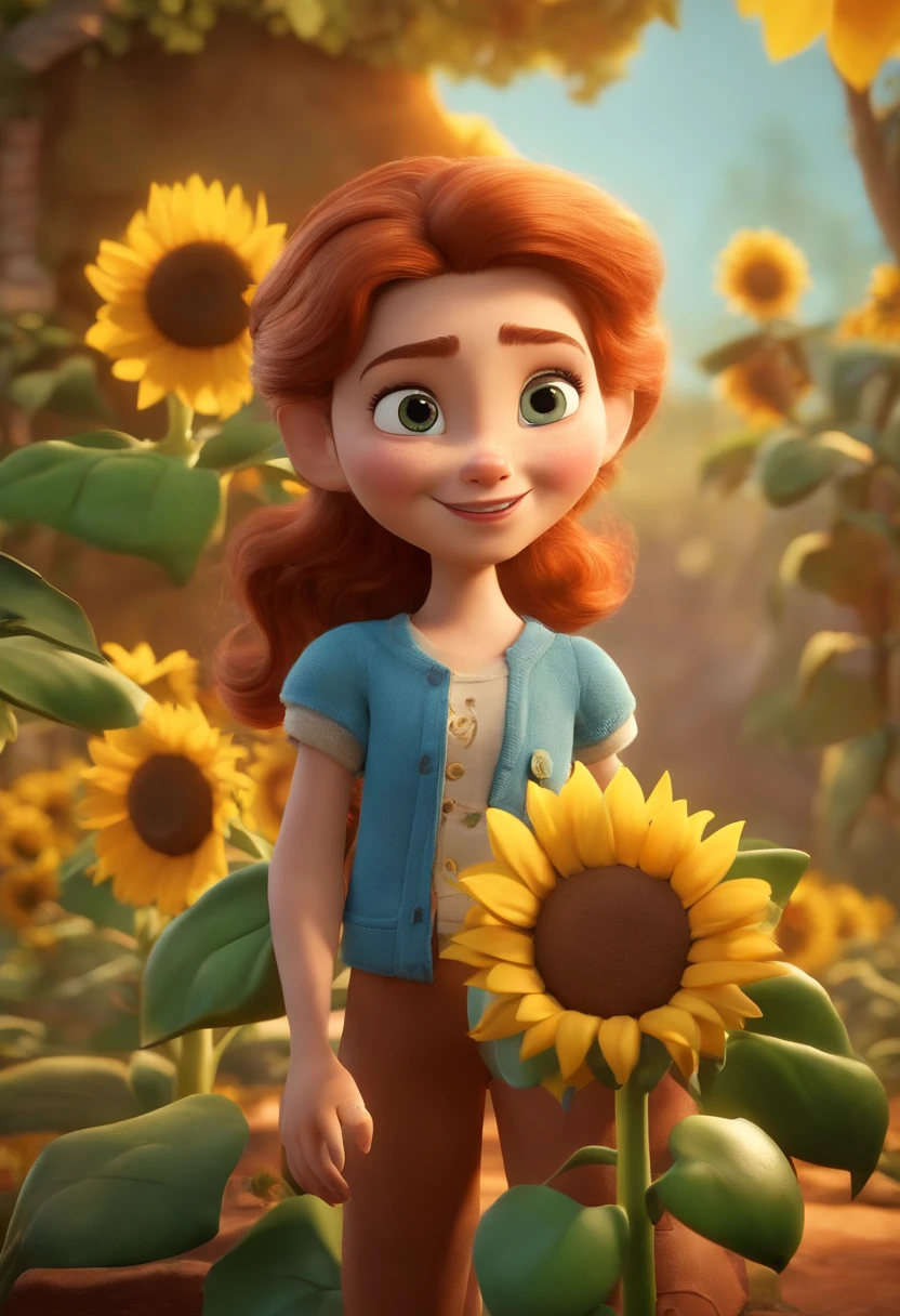 Create a Disney PIXAR-style 3D poster. ((centro da imagem)), ((2Children)) ((1 menino e 1 menina, O menino tem pele castanha e cabelos castanhos escuros e olhos castanhos escuros, a menina tem pele morena, olhos escuros e cabelos escuros e lisos)) ((tudo isso no estilo Disney PIXAR 3D, In the background, A house of sunflowers, Gloria Studio, The garden is full of nature 3D render RTX clay material, estilo de design cartunesco, POP Mart, soft lighting, linhas suaves, Spring tilt, Detailed illustrations of PIXAR 3D, Detalhes hiper-realistas, cor quente no estilo Disney PIXAR 3D))