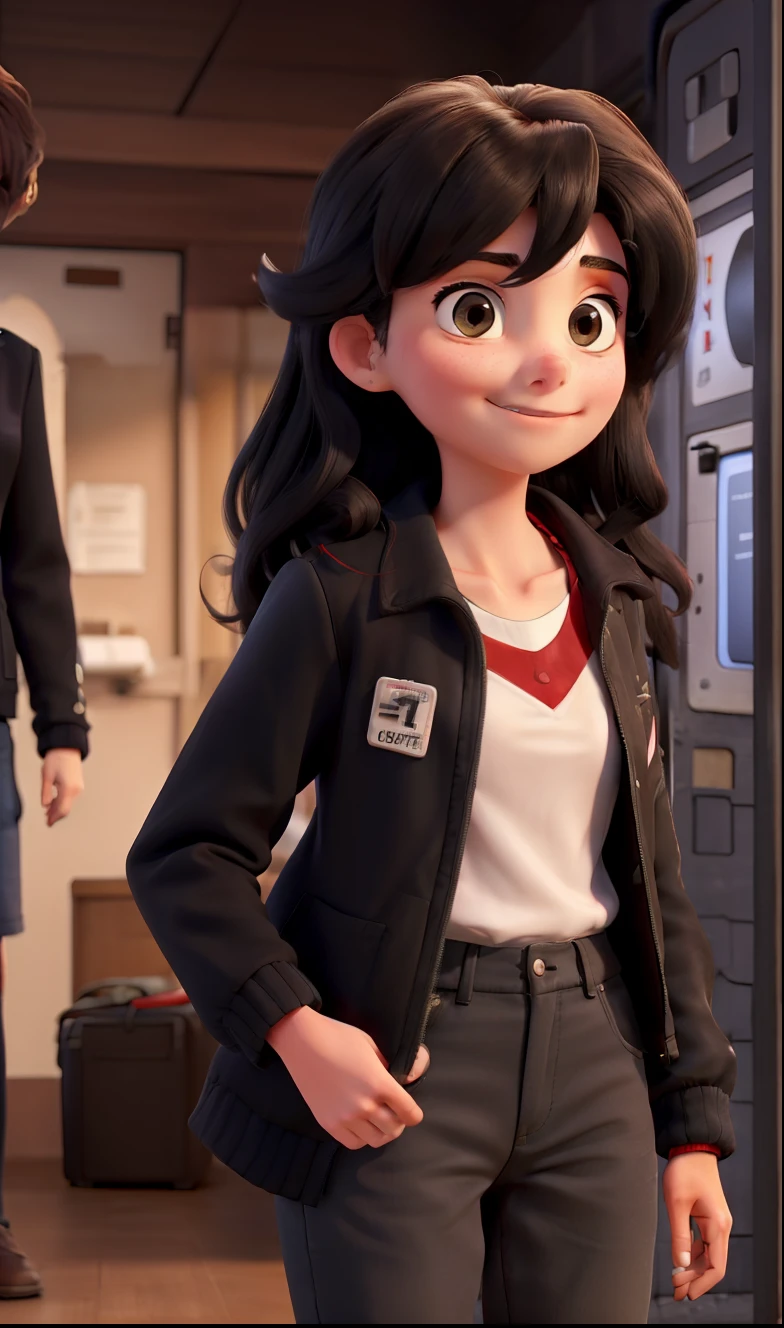 A 17-year-old teenager in a black jacket with white blouse clicking on the red button of a time machine