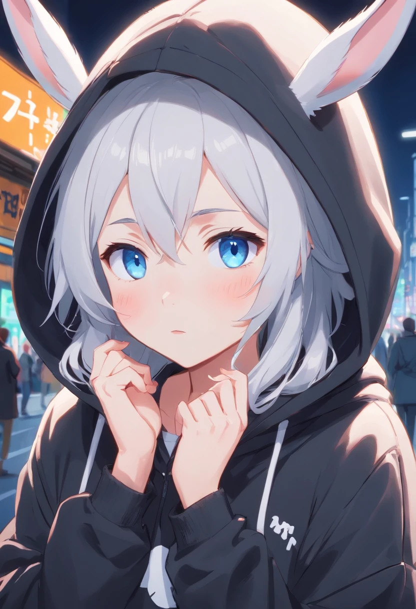 A cute bunny woman with white hair and blue eyes in an oversized black hoodie, shy, embarrassed, nervous