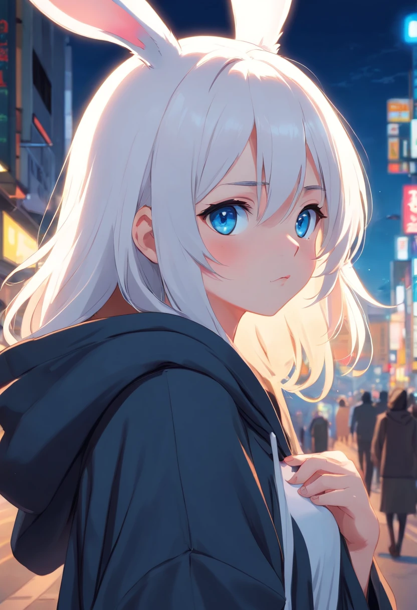 A cute bunny woman with white hair and blue eyes in an oversized black hoodie, shy, embarrassed, nervous