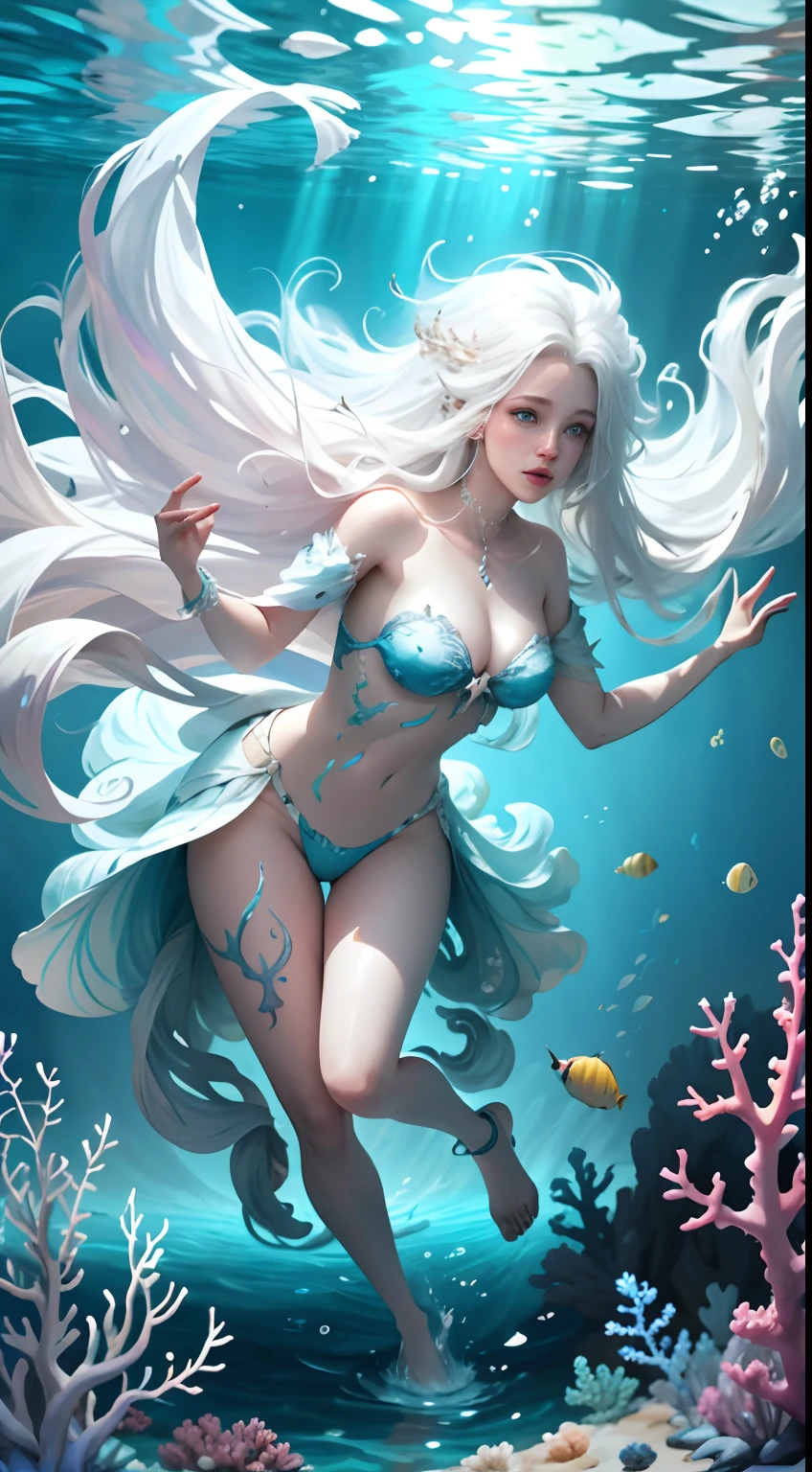 Conceptual art of marine life, Undersea landscape, Marine life，Beautiful coral reefs come in different shapes, 3D，, Fish, Female animated fantasy illustration. Long white hair scattered in the sea, Drift, Very harmonious. The whole painting adopts a messy and imaginative painting style. The colors are bright and saturated, And with smooth lines. The mystery and beauty of the ocean, The painting depicts an underwater world full of life and vitality, Animated art wallpaper 8 K, full body, closeup, Dynamic poses,
