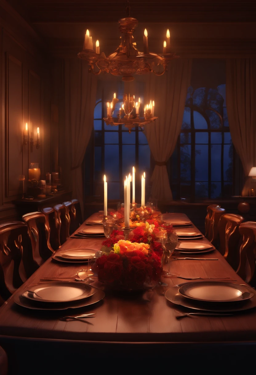 Pixar 3D style drawing of a very romantic dinner table with no candles view like you are a mouse over the table