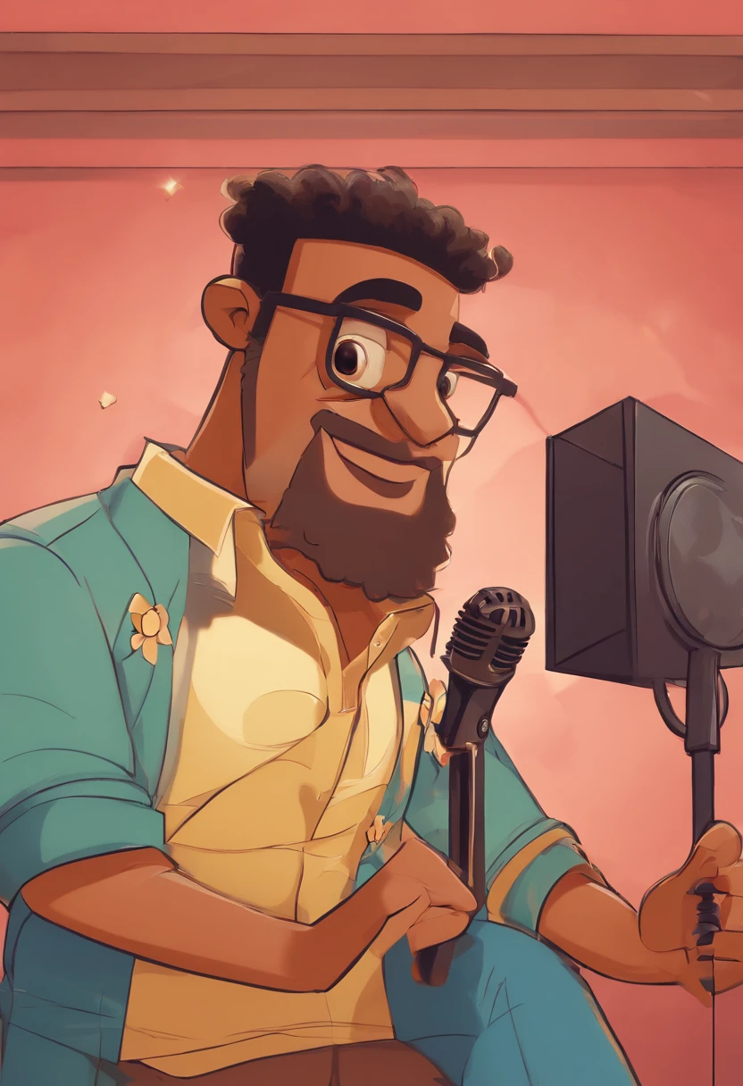Poster 3D inspirado na Pixar/Disney capturando uma cena com um homem de 30 anos, cabelo preto corte baixo, Holding a Microphone in Your Hand, barba curta, He's standing on a stage, com um fundo preto e luzes de fundo. He's excited and talking, showing your happiness in public speaking. Ele tem a pele moreno claro, square-shaped face and body biotype is medium, It communicates well by adding depth to the scene. The title "JUNIOR CABRAL" stands out in the scenario