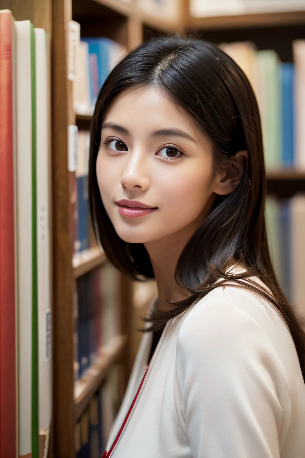 bullish Victory Japan woman in her late 20s Narrow-eyed Hanging A dark-haired Long Library Staff Beautie Beautuful Women shinny skin best qualtiy、masterpiece、(Photorealsitic:1.4) (perfectly proportions)(photos realistic)(Best Quality) photographed in a Canon EOS R5, 50mm Lens, F/2.8, nffsw, (8K) (foco nítido) clothed、(Photo Real:1.4)、(hyper realisitic:1.4)、(realisitic:1.3)、 (Smoother lighting:1.05)、(Improved lighting quality in movies:0.9)、32K、 girl with、Realistic lighting、back lighting、Facial light、raytrace、(Brightening light:1.2)、(Increase quality:1.4)、 (Top quality real texture skins)、finely eye、finerly detailed face、glowy skin anatomically correct body form