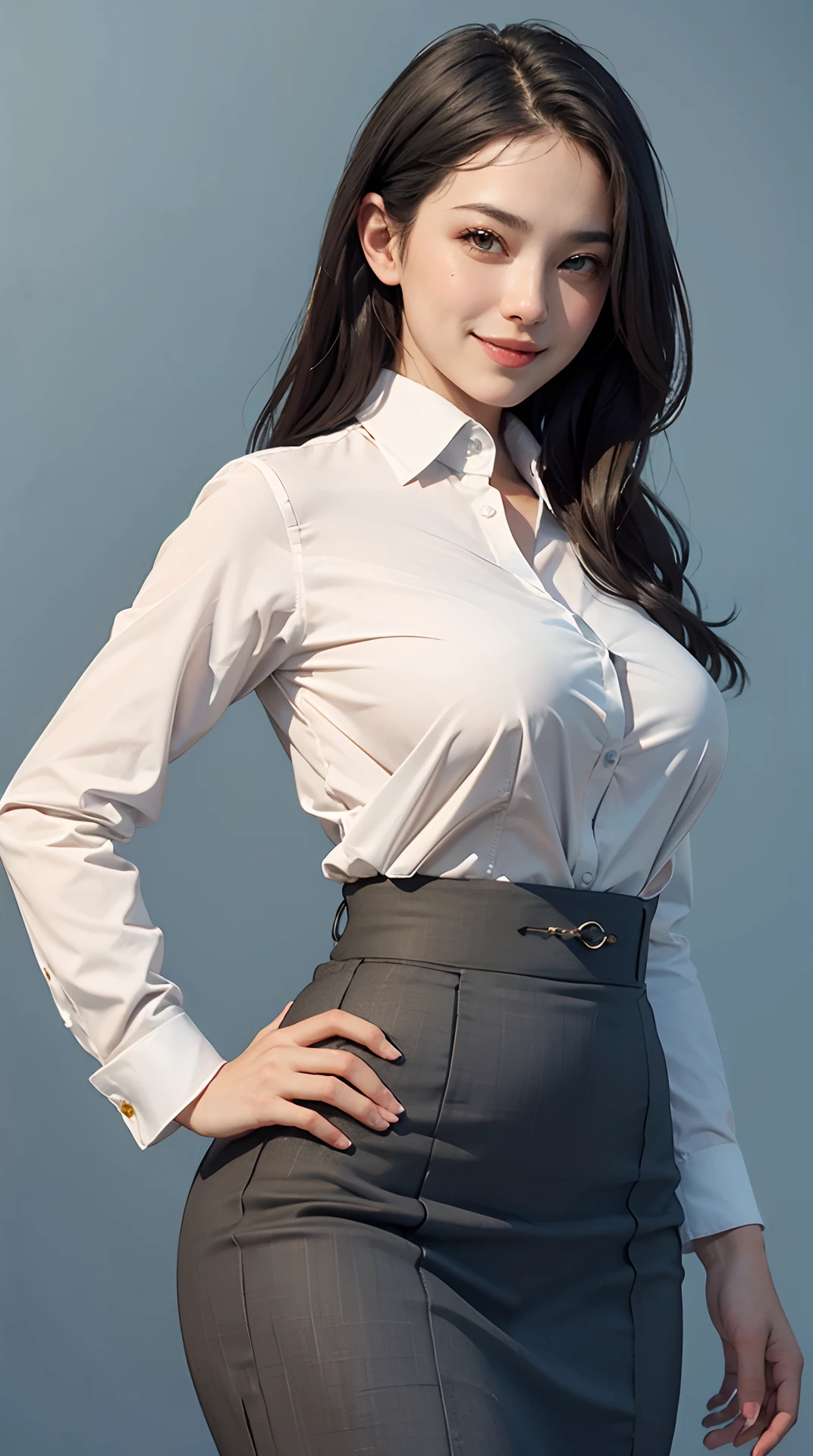 Korean girl with massive tits in white button down and black business tie that is loosened up. And black skater skirt