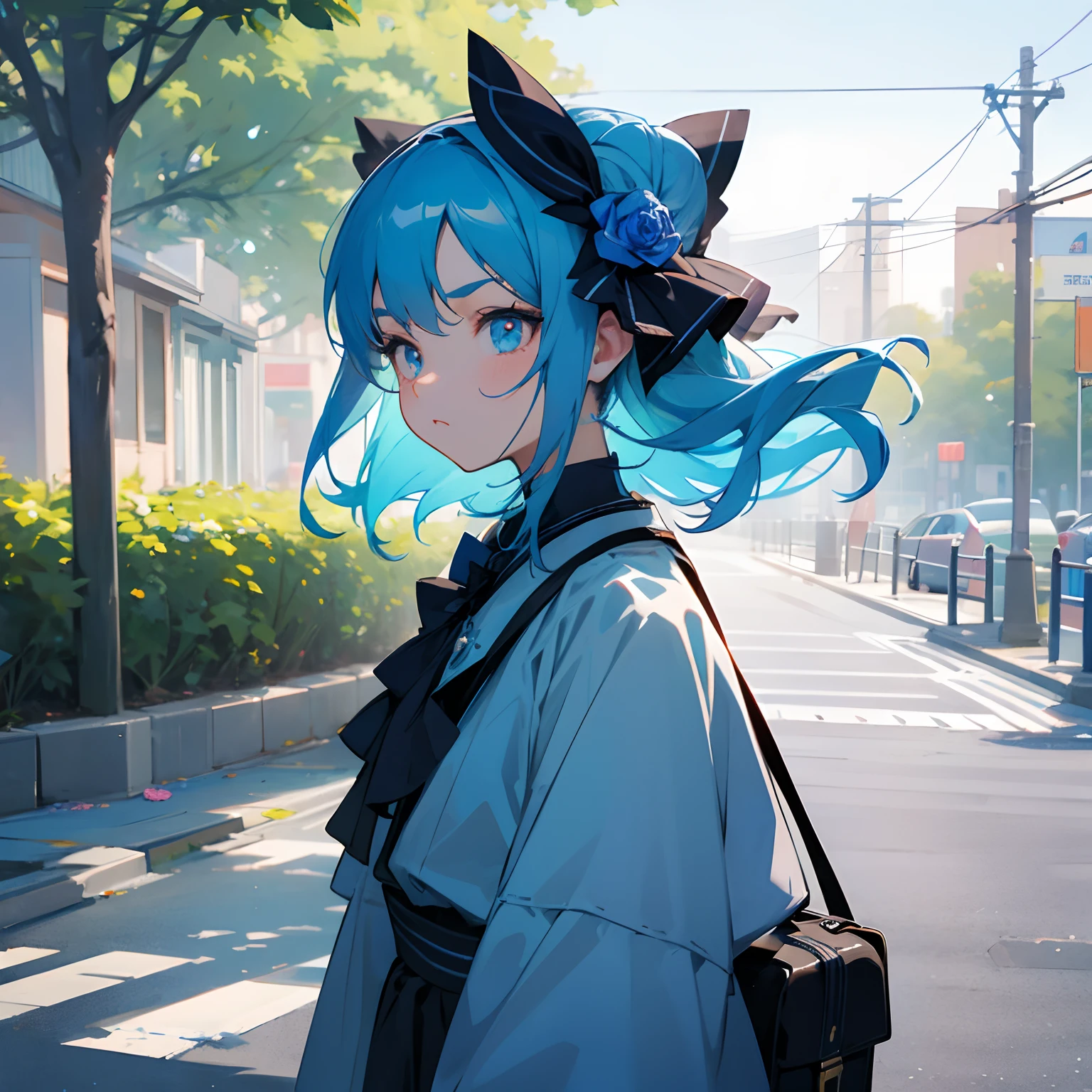 blue rose girl, fully covered, rose on hair, hair accessories, informal clothing, daily outfit, blue hair, hd, ultra quality, serious face, looking away, detailed eyes, public, street, sunny day.