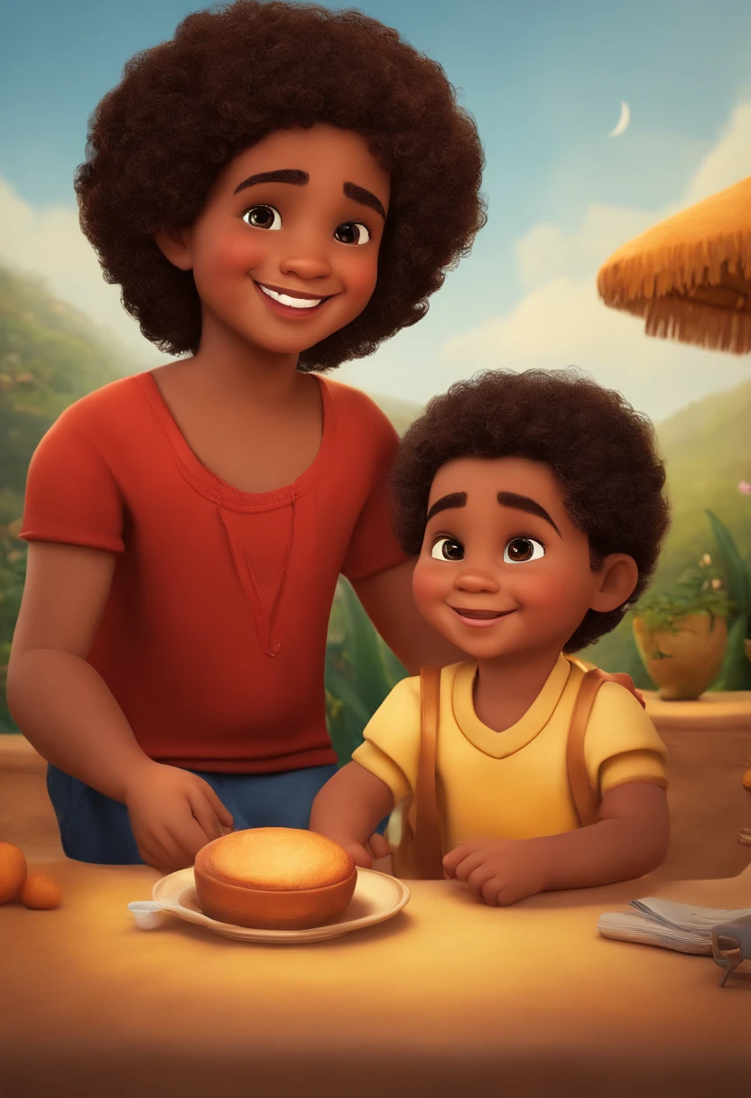 menino: Miguel, aproximadamente 5 anos de idade, cabelo curto estilo Disney, olhos castanhos e sorrisos. garota: Giovana, 2 anos, longos cabelos pretos e olhos azuis. scenecy: Miguel and Giovana are in a cozy little house in the valley, ao fundo um dia ensolarado, Destacando o Sol.