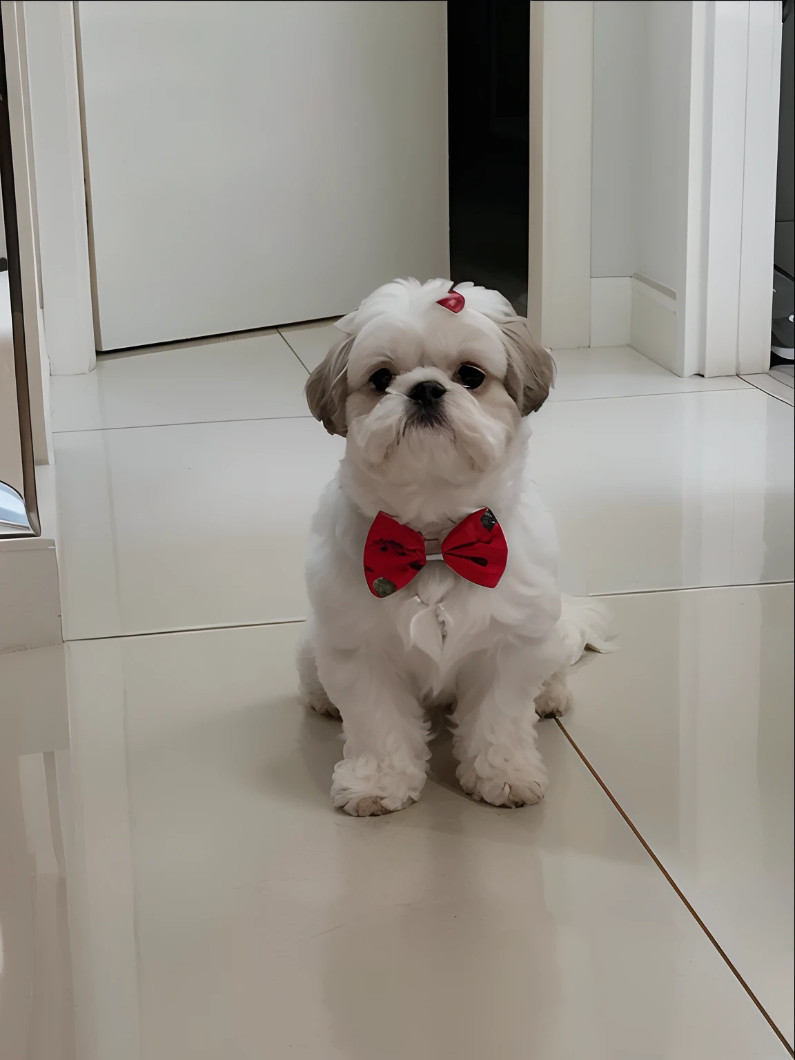 There's a little white dog with a red bow tie on, ele parece muito sofisticado, Shih Tzu, Shui Mo Hua, bowtie, um bonito, gravata borboleta, a red bow in her hair, olhando heckin legal e elegante, he‘s wearing a red neckerchief, fazendo uma pose elegante, muito bonito, homem bonito