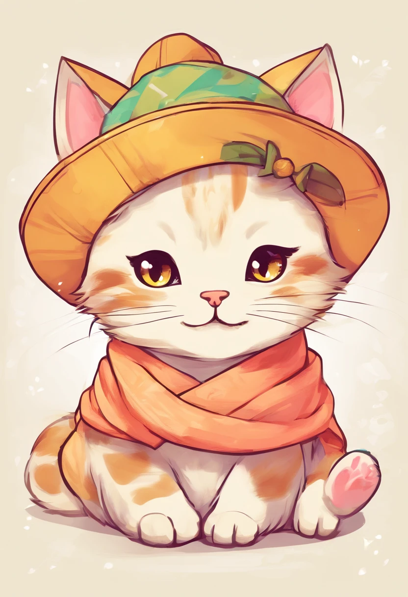 a cute little cat, White background, Stylized, childs drawing I'm wearing a Tongari hat