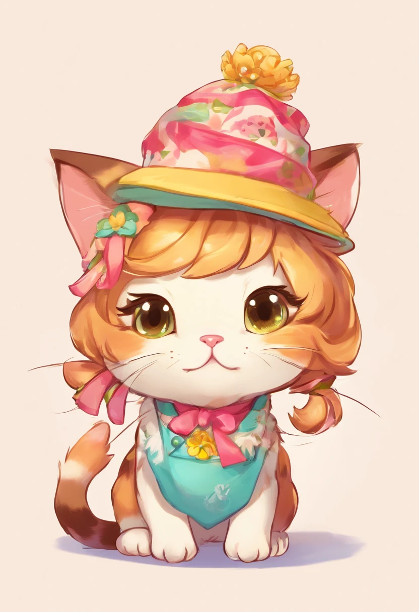 a cute little cat, White background, Stylized, childs drawing　I'm wearing a Tongari hat