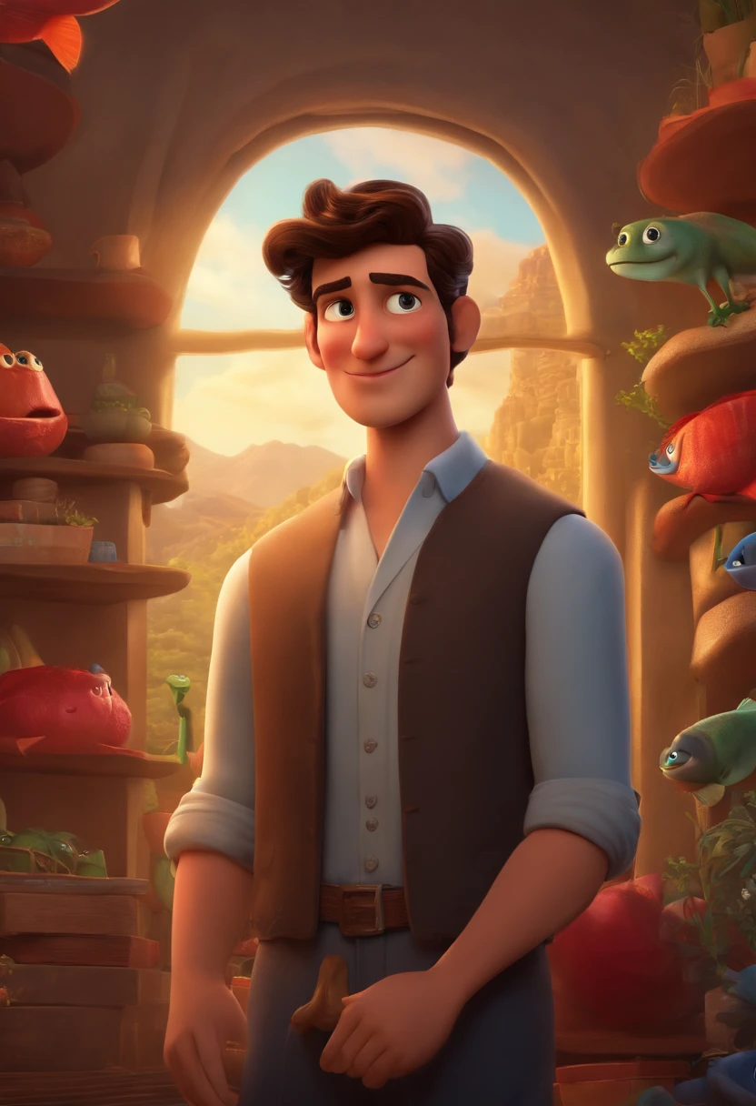 A tall brunette man looking at a dream project inspired by Pixar animation, de perto. The character takes center stage with captivating facial expressions, oferecendo um toque de irrealidade