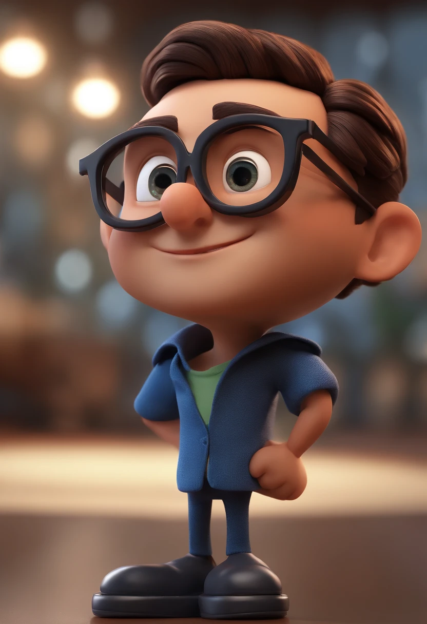 Cartoon character of a man with black glasses and a blue shirt, animation character, Caractere estilizado, animation style rendering, 3D estilizado, Arnold Maya render, 3 d render stylized, toon render keyshot, Personagem 3D, Personagem 3D, 3d rendering stylized, 3 d character render, personagem de desenho animado, Personagem de close up, Pose de personagem, (Estilo Pixar) (master part:1.2) (Bokeh) (best quality) (pele detalhada) (textura detalhada) (8k) (argila) (Cinematic lighting) (foco nítido