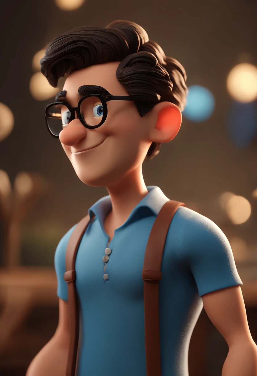 Cartoon character of a man with black glasses and a blue shirt, animation character, Caractere estilizado, animation style rendering, 3D estilizado, Arnold Maya render, 3 d render stylized, toon render keyshot, Personagem 3D, Personagem 3D, 3d rendering stylized, 3 d character render, personagem de desenho animado, Personagem de close up, Pose de personagem, (Estilo Pixar) (master part:1.2) (Bokeh) (best quality) (pele detalhada) (textura detalhada) (8k) (argila) (Cinematic lighting) (foco nítido