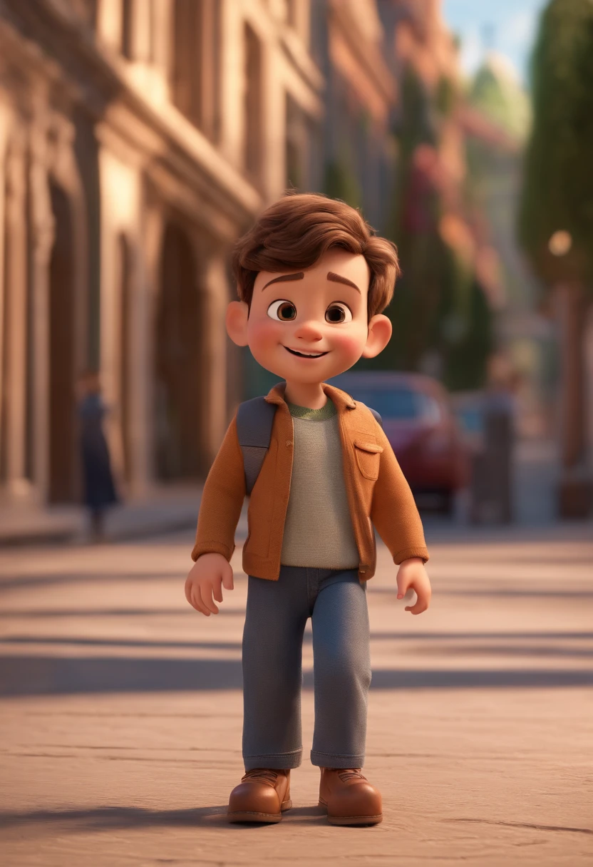 a happy cute ??? standing short hair, vestindo uma fantasia espacial, , fundo branco, barnet, Tom, Estilo Pixar, ....3d, desenhos animados, rosto detalhado, asymmetrical 16k homem de 28 anos, cabelo escuro, olhos castanhos claros, em uma avenida movimentada, com roupas sociais, terno, estilo pixar, realista