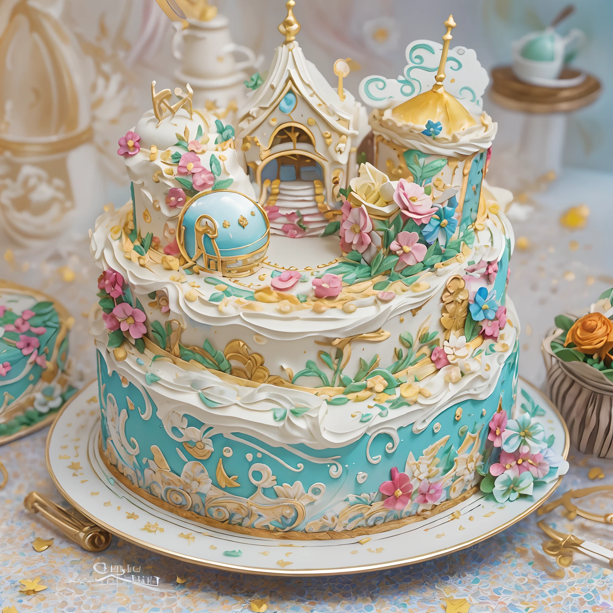 Blessings from angels､Bright background、Heart Mark、happy birthay、Tenderness､A smile、Fantastic fairytale birthday cake plate，The painting can have a dreamlike tranquil vibe, Soft clouds and a brightly colored RGB color palette, (Studio Ghibli-like colors, Cinematic lighting, First-person perspective, Angle, panoramic, Ultra-wide angle, Ultra-high definition, Anatomically correct, masterpiece-quality, Selected, Award-winning, Best quality, Extremely colorful, highestdetailed, Close-up of details, Capture every delightful detail of the cake)